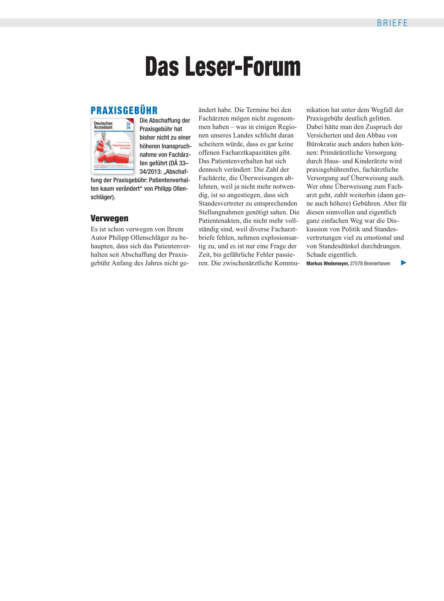 Vorschauseite 1: Praxisgebühr: Verwegen – Deutsches Ärzteblatt
