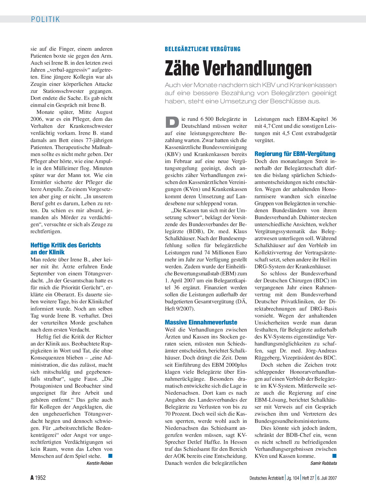 Vorschauseite 1: Belegärztliche Vergütung: Zähe Verhandlungen – Deutsches Ärzteblatt