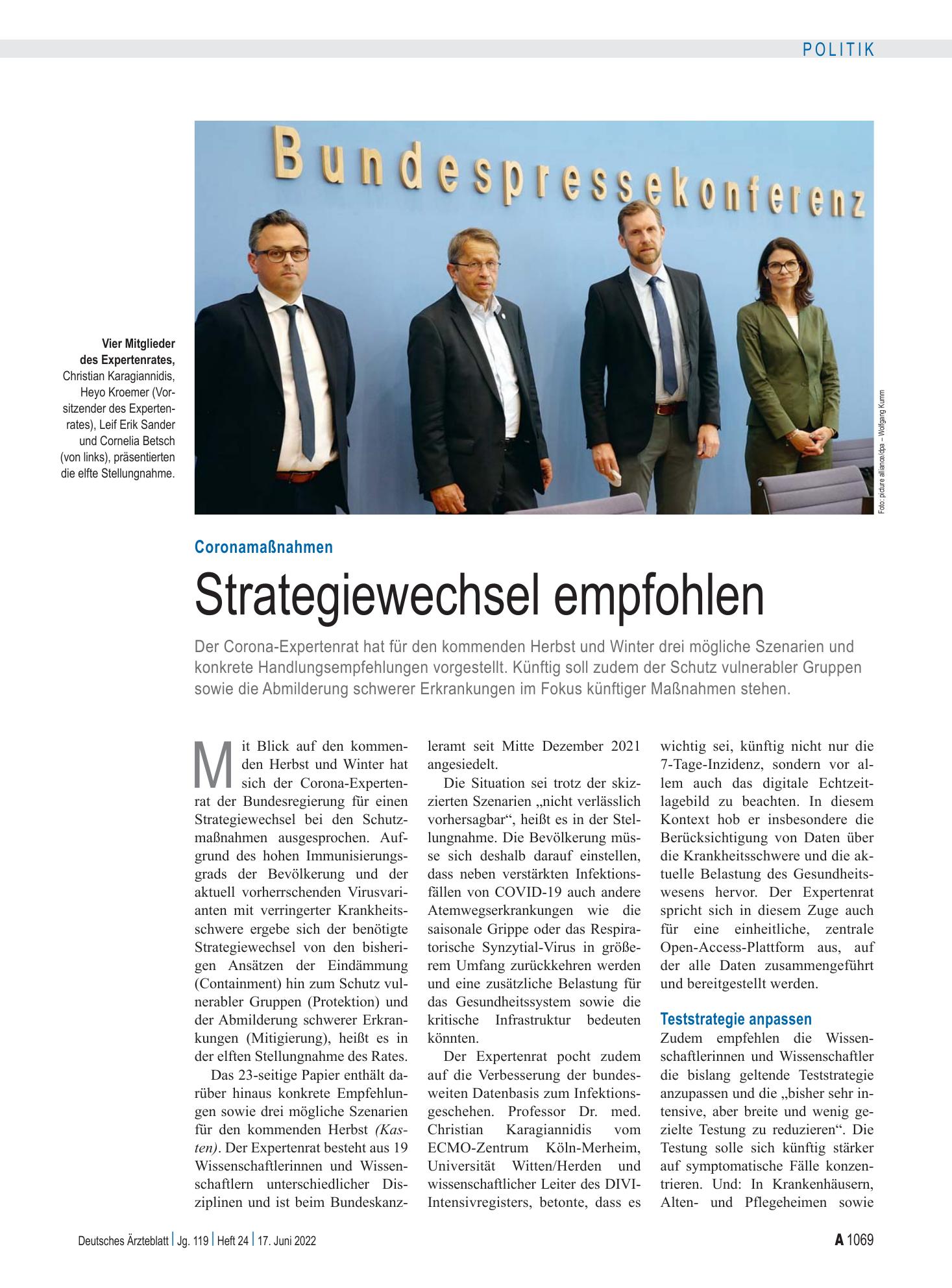 Vorschauseite 1: Coronamaßnahmen: Strategiewechsel empfohlen – Deutsches Ärzteblatt