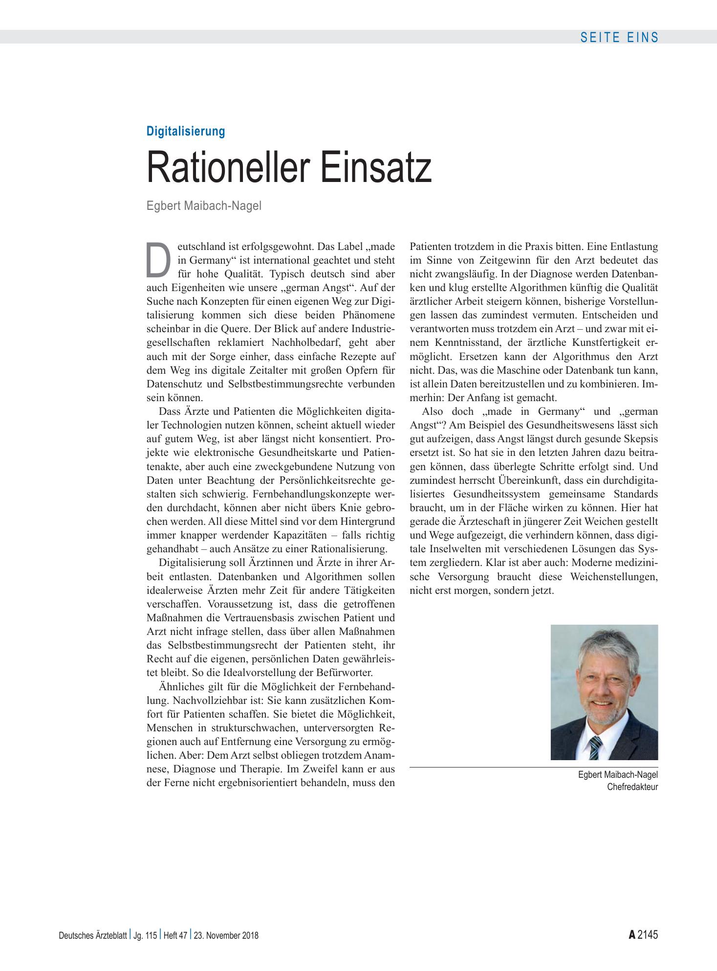 Vorschauseite 1: Digitalisierung: Rationeller Einsatz – Deutsches Ärzteblatt