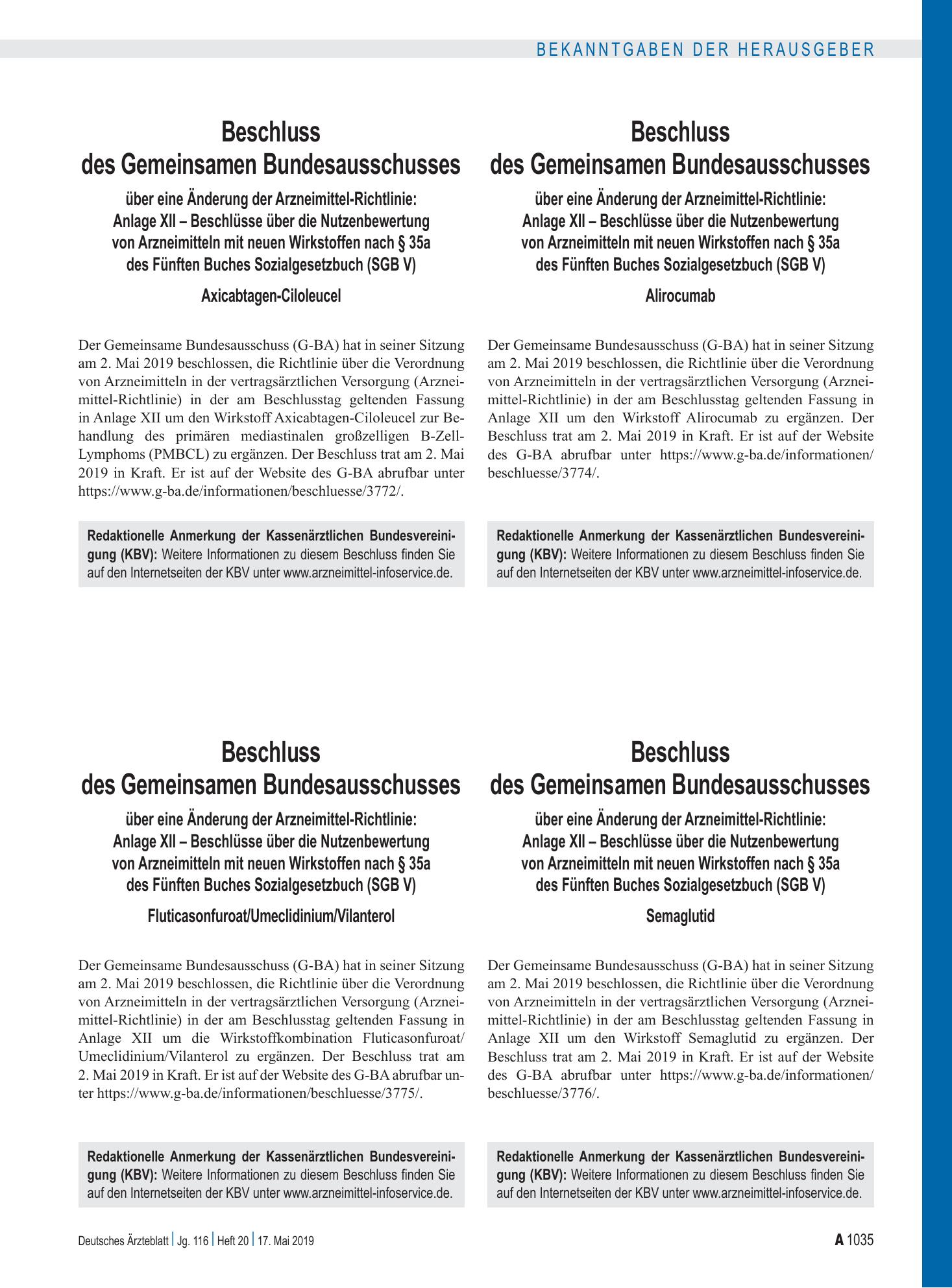 Vorschauseite 1: Beschluss des Gemeinsamen Bundesausschusses über eine Änderung der Arzneimittel-Richtlinie: Anlage XII – Semaglutid – Deutsches Ärzteblatt