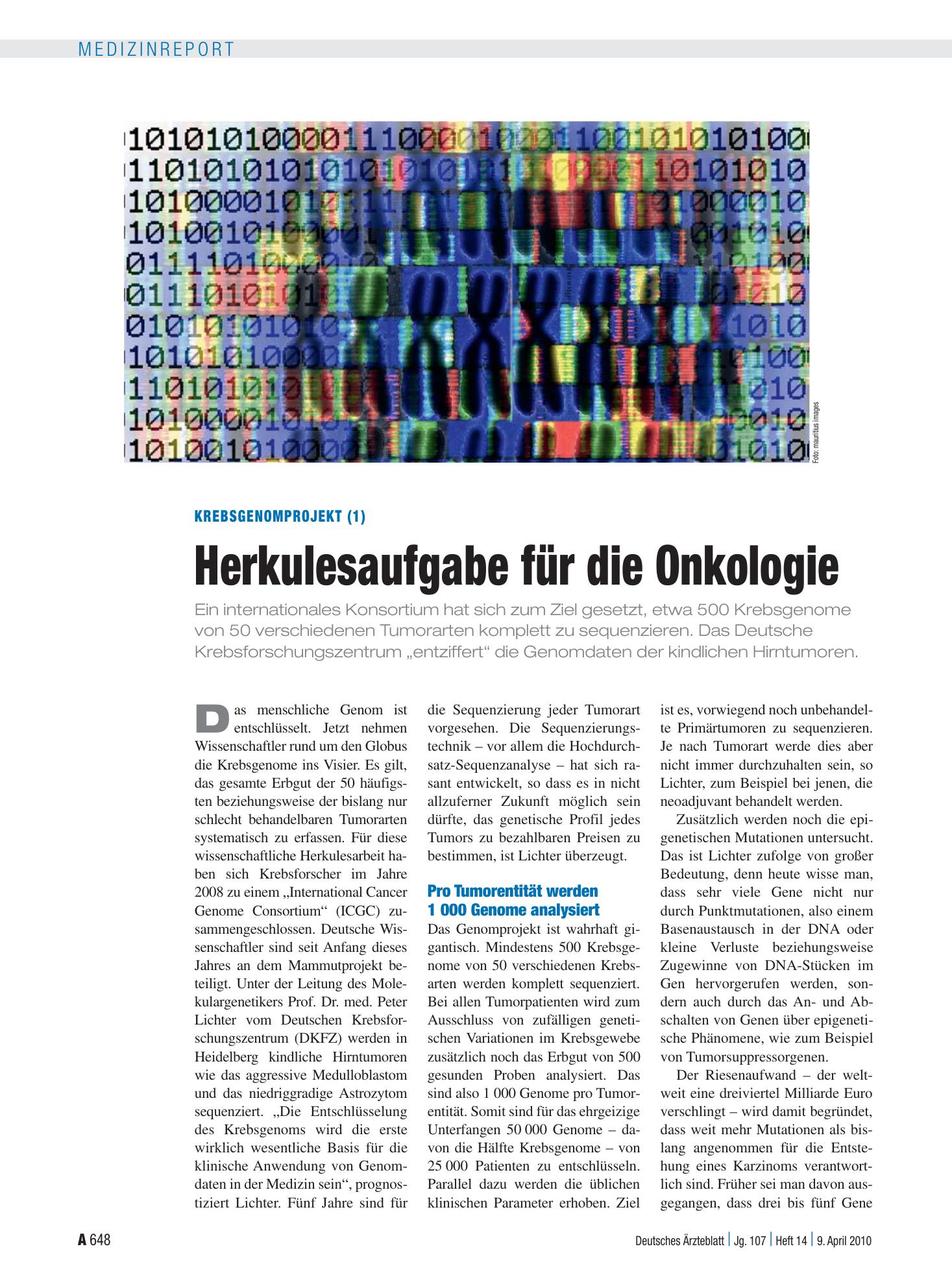 Vorschauseite 1: Krebsgenomprojekt (1): Herkulesaufgabe für die Onkologie – Deutsches Ärzteblatt