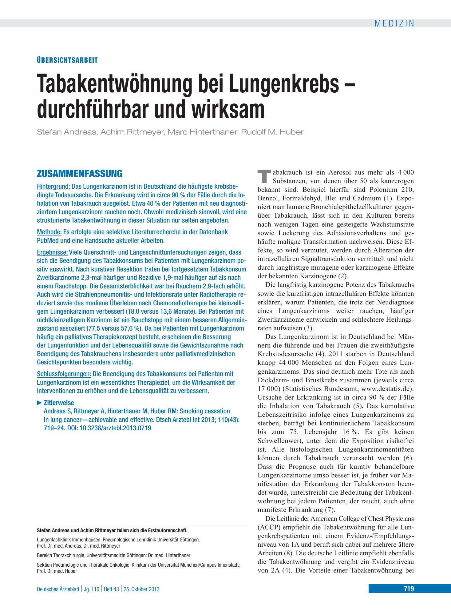 Vorschauseite 1: Tabakentwöhnung bei Lungenkrebs – durchführbar und wirksam – Deutsches Ärzteblatt