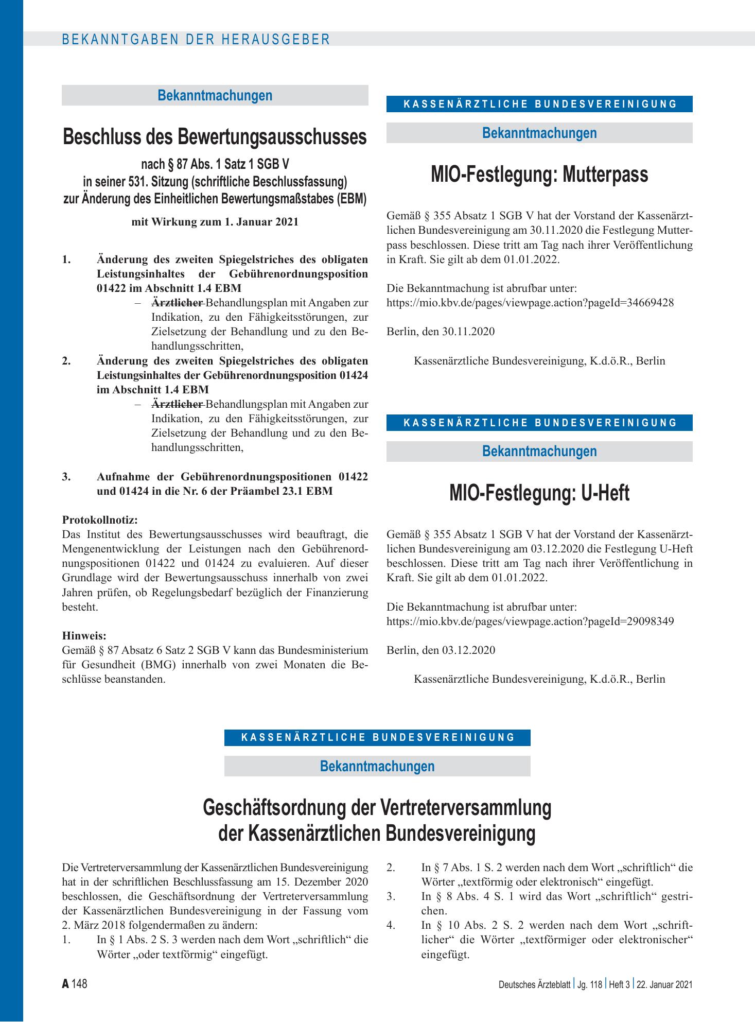 Vorschauseite 1: MIO-Festlegung: U-Heft – Deutsches Ärzteblatt