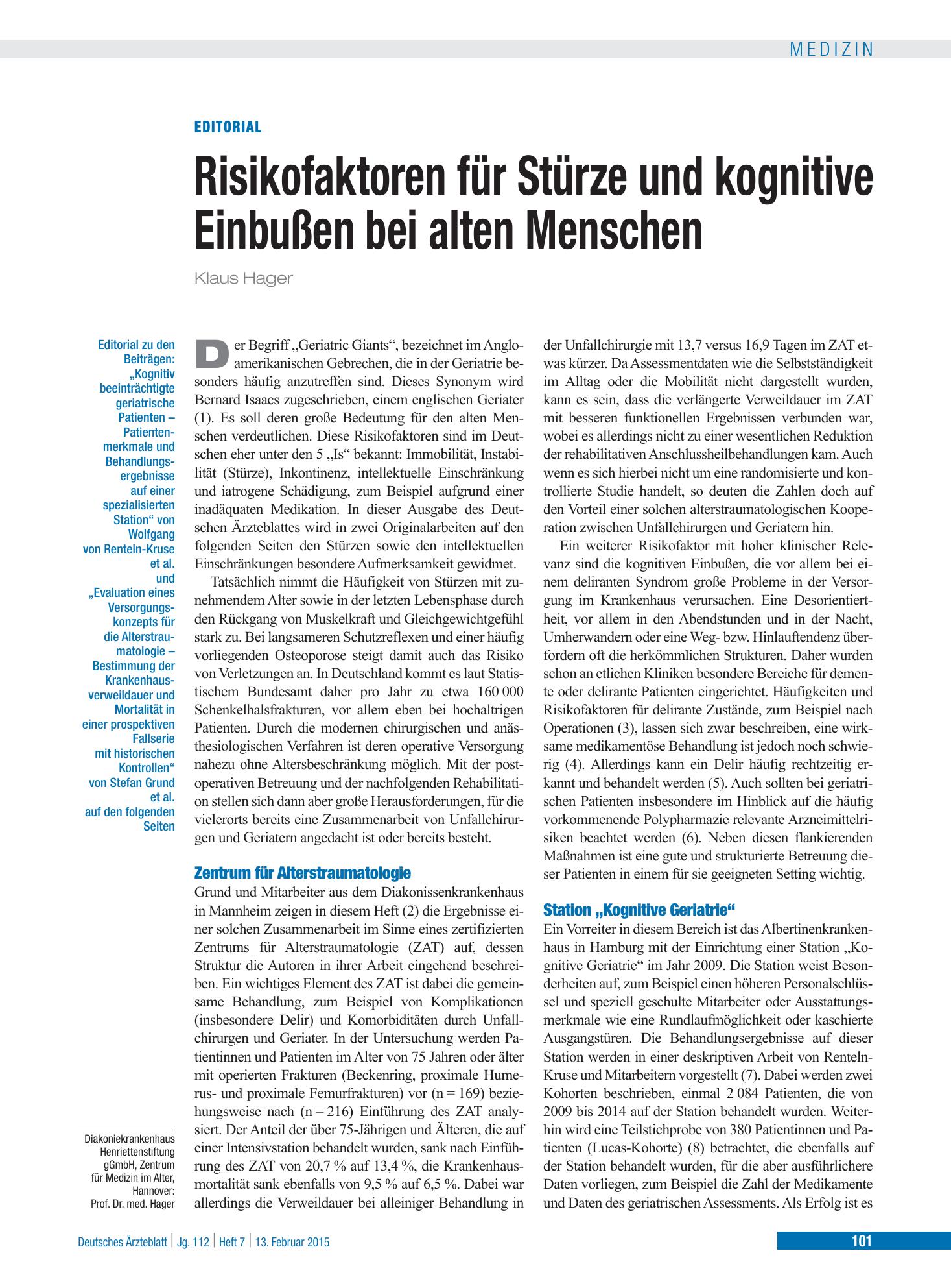 Vorschauseite 1: Evaluation eines Versorgungskonzepts für die Alterstraumatologie – Deutsches Ärzteblatt