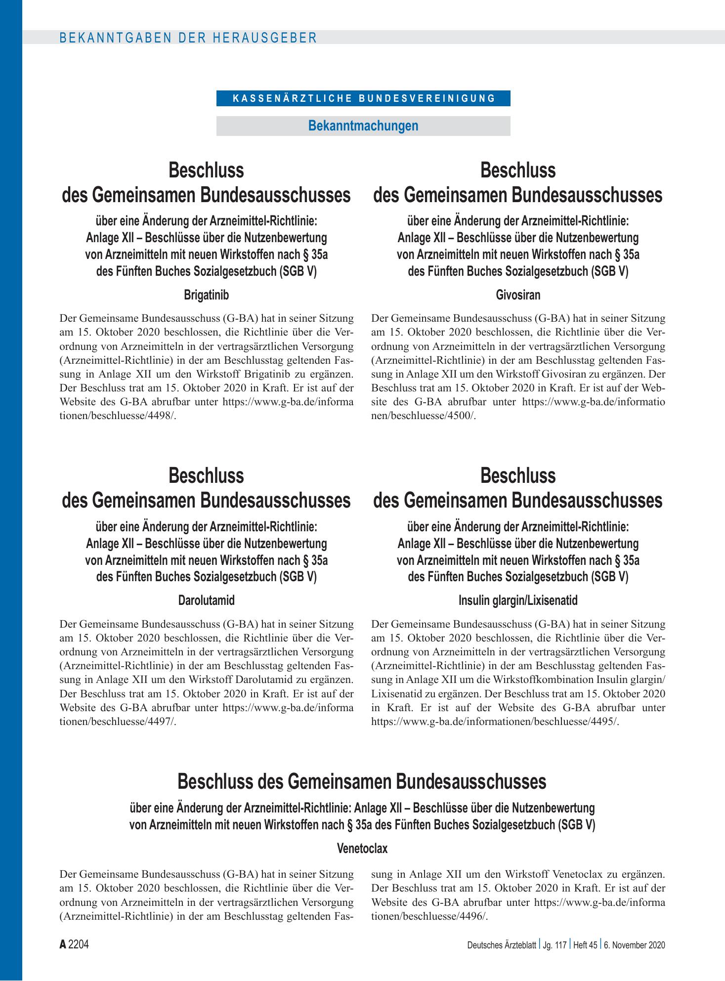 Vorschauseite 1: Beschluss des Gemeinsamen Bundesausschusses über eine Änderung der Arzneimittel-Richtlinie: Anlage XII – Givosiran – Deutsches Ärzteblatt