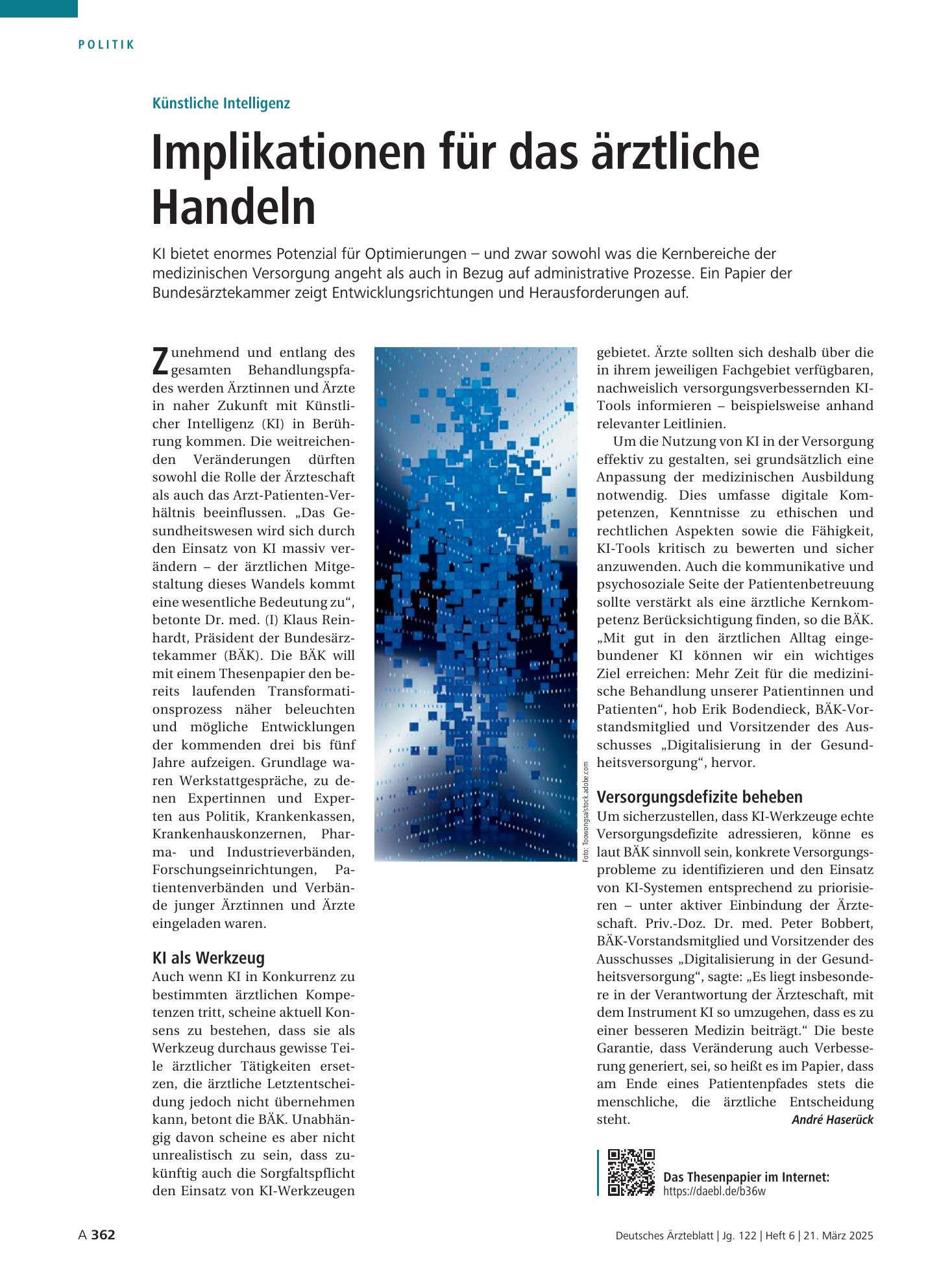 Vorschauseite 1: Künstliche Intelligenz: Implikationen für das ärztliche Handeln – Deutsches Ärzteblatt