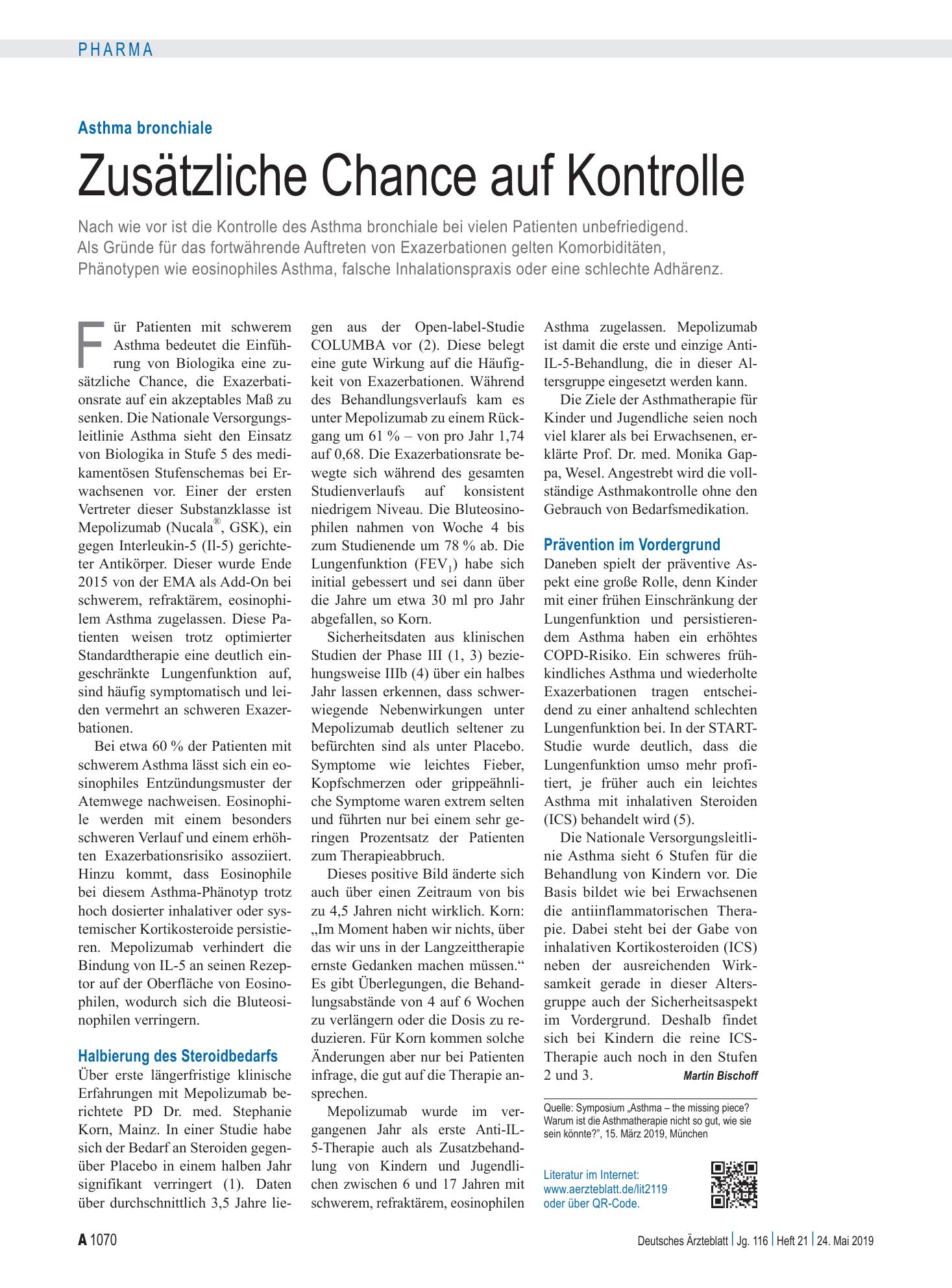 Vorschauseite 1: Asthma bronchiale: Zusätzliche Chance auf Kontrolle – Deutsches Ärzteblatt