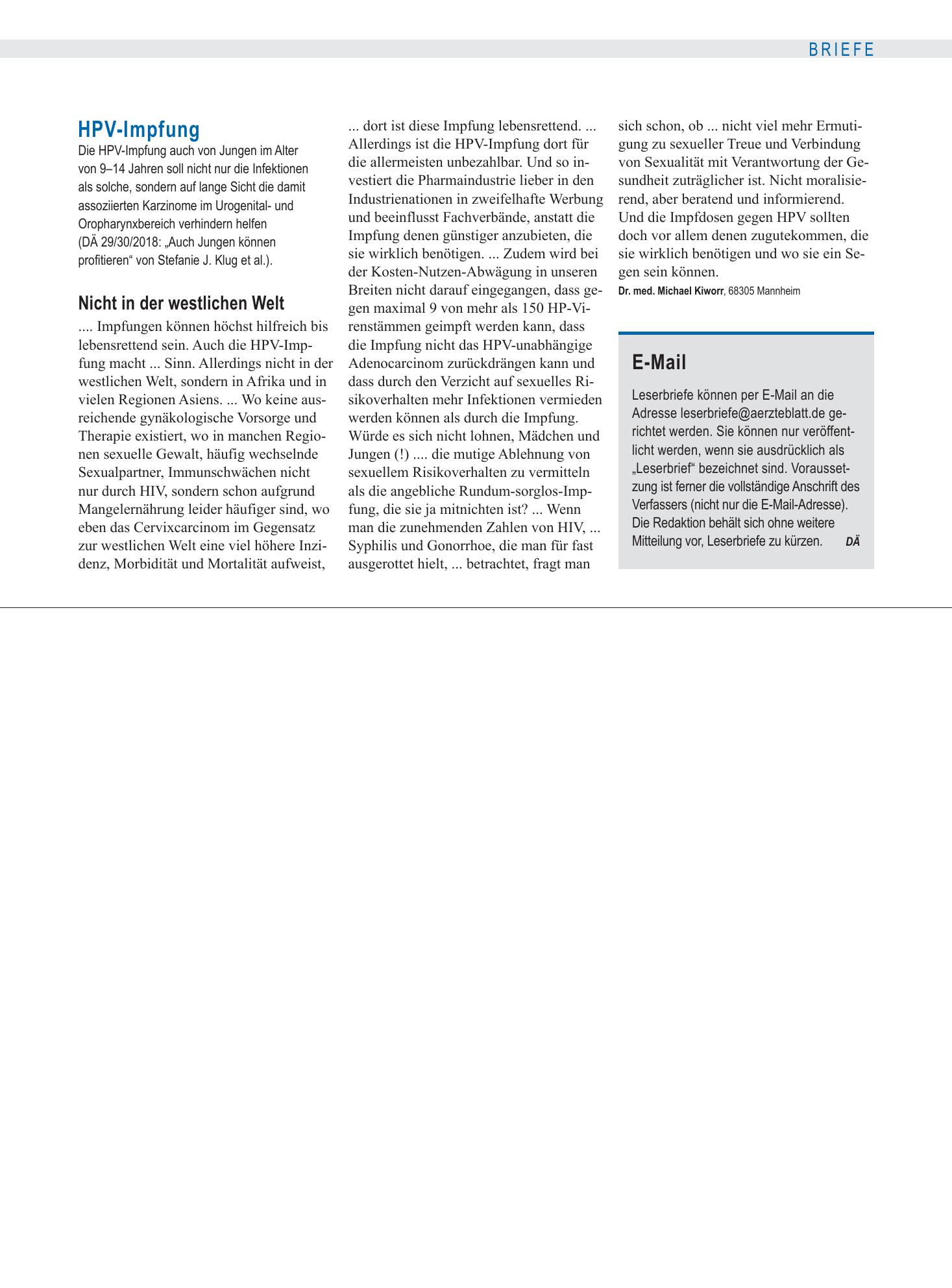 Vorschauseite 1: HPV-Impfung: Nicht in der westlichen Welt – Deutsches Ärzteblatt