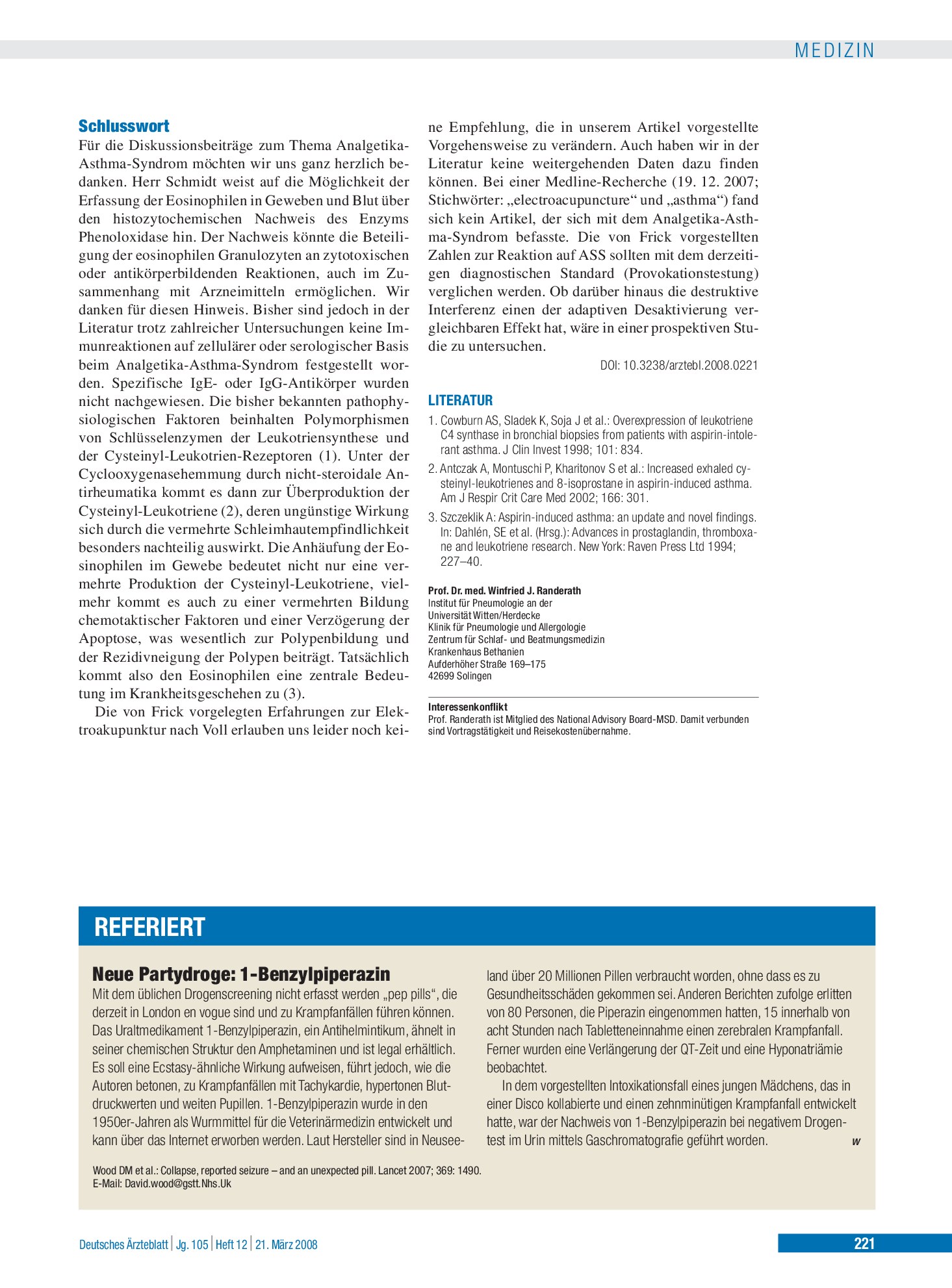 Vorschauseite 1: Neue Partydroge: 1-Benzylpiperazin – Deutsches Ärzteblatt