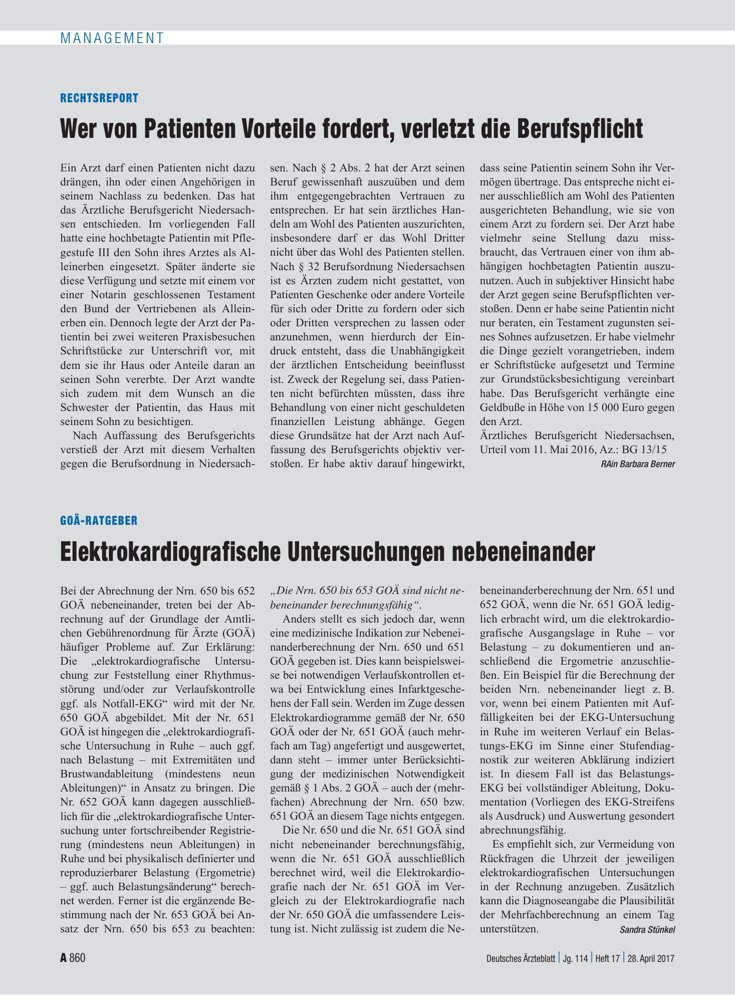 Vorschauseite 1: Rechtsreport: Wer von Patienten Vorteile fordert, verletzt die Berufspflicht – Deutsches Ärzteblatt