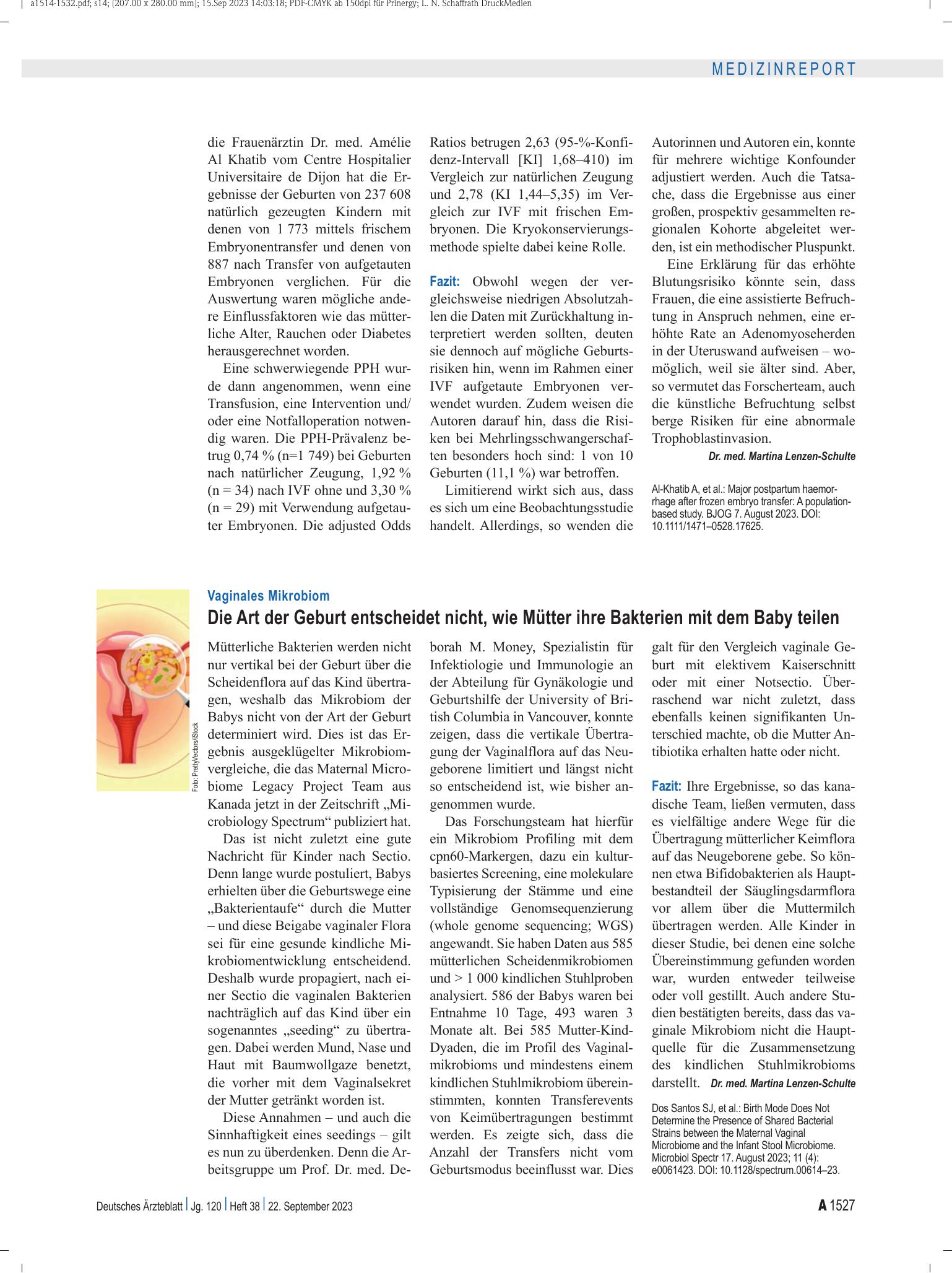 Vorschauseite 1: Vaginales Mikrobiom: Die Art der Geburt entscheidet nicht, wie Mütter ihre Bakterien mit dem Baby teilen – Deutsches Ärzteblatt