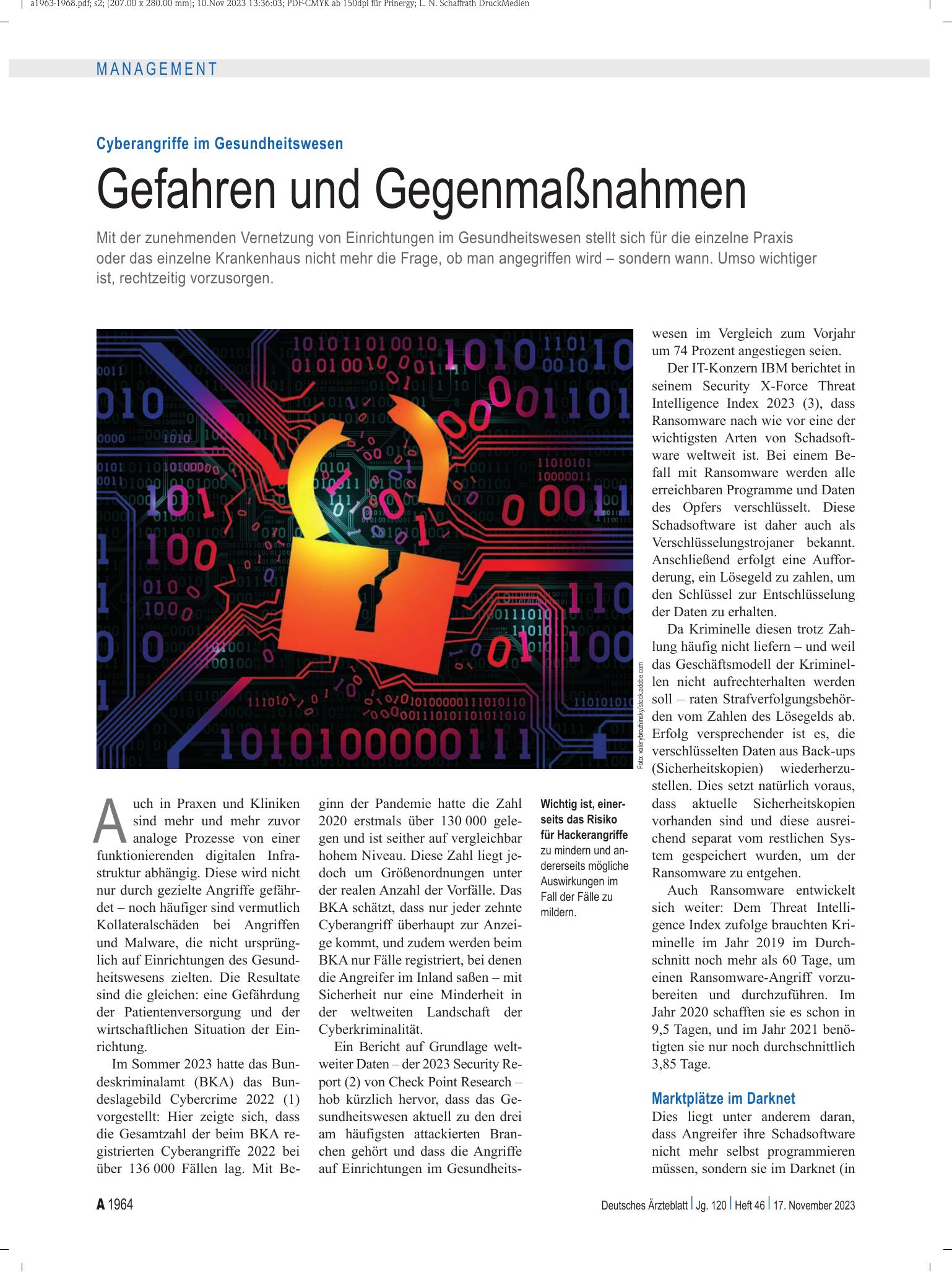 Vorschauseite 1: Cyberangriffe im Gesundheitswesen: Gefahren und Gegenmaßnahmen – Deutsches Ärzteblatt