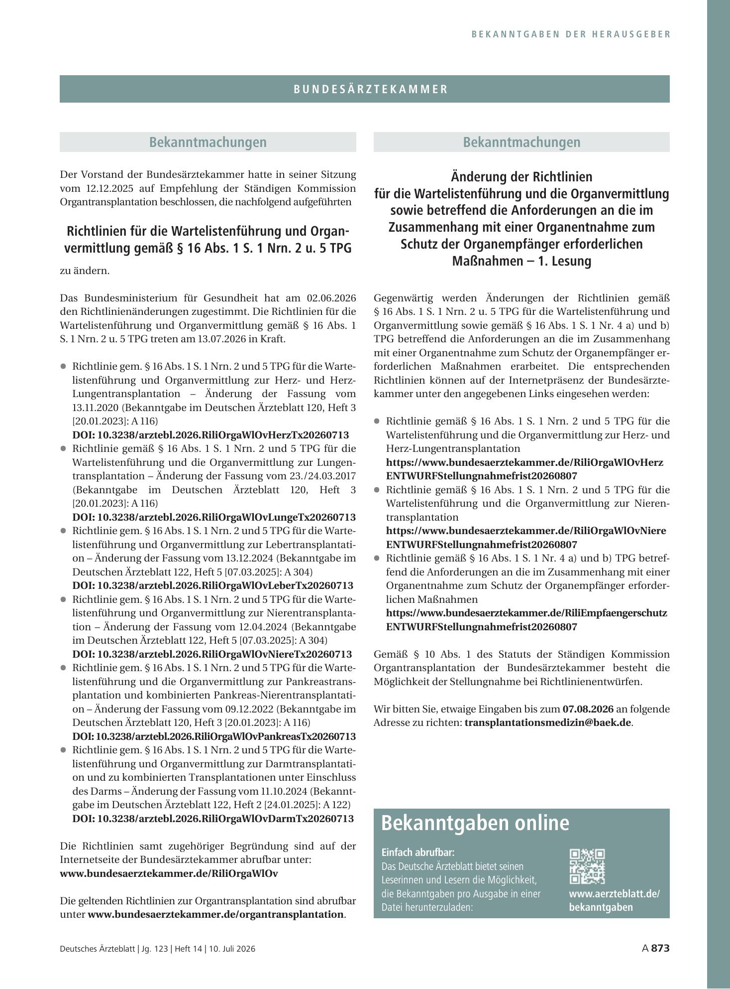 Vorschauseite 1: Änderung der Richtlinien für die Wartelistenführung und die Organvermittlung sowie betreffend die Anforderungen an die im Zusammenhang mit einer Organentnahme zum Schutz der Organ…