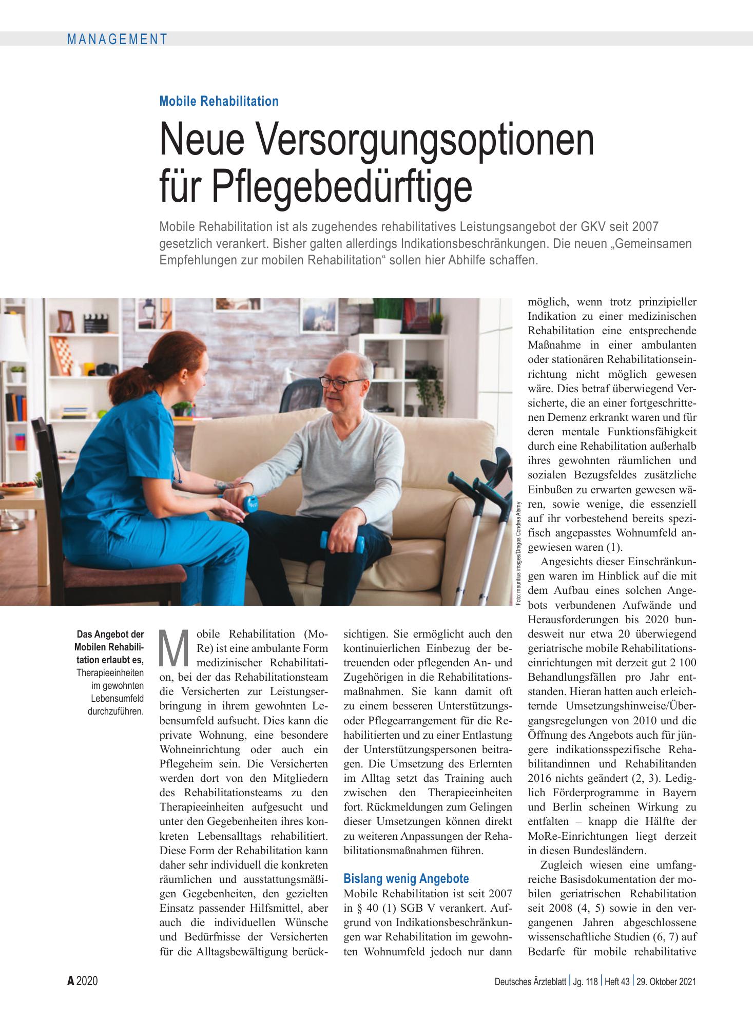 Vorschauseite 1: Mobile Rehabilitation: Neue Versorgungsoptionen für Pflegebedürftige – Deutsches Ärzteblatt