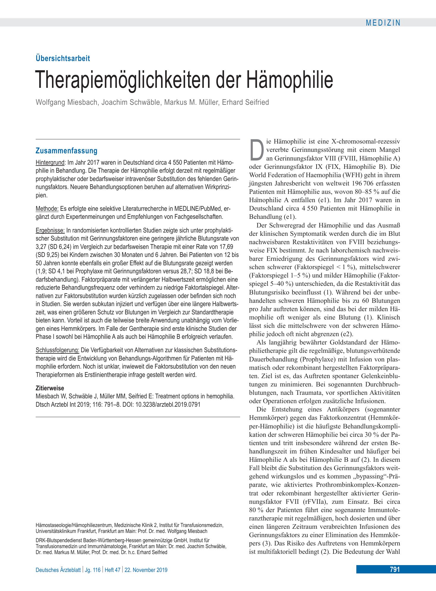Vorschauseite 1: Therapiemöglichkeiten der Hämophilie – Deutsches Ärzteblatt