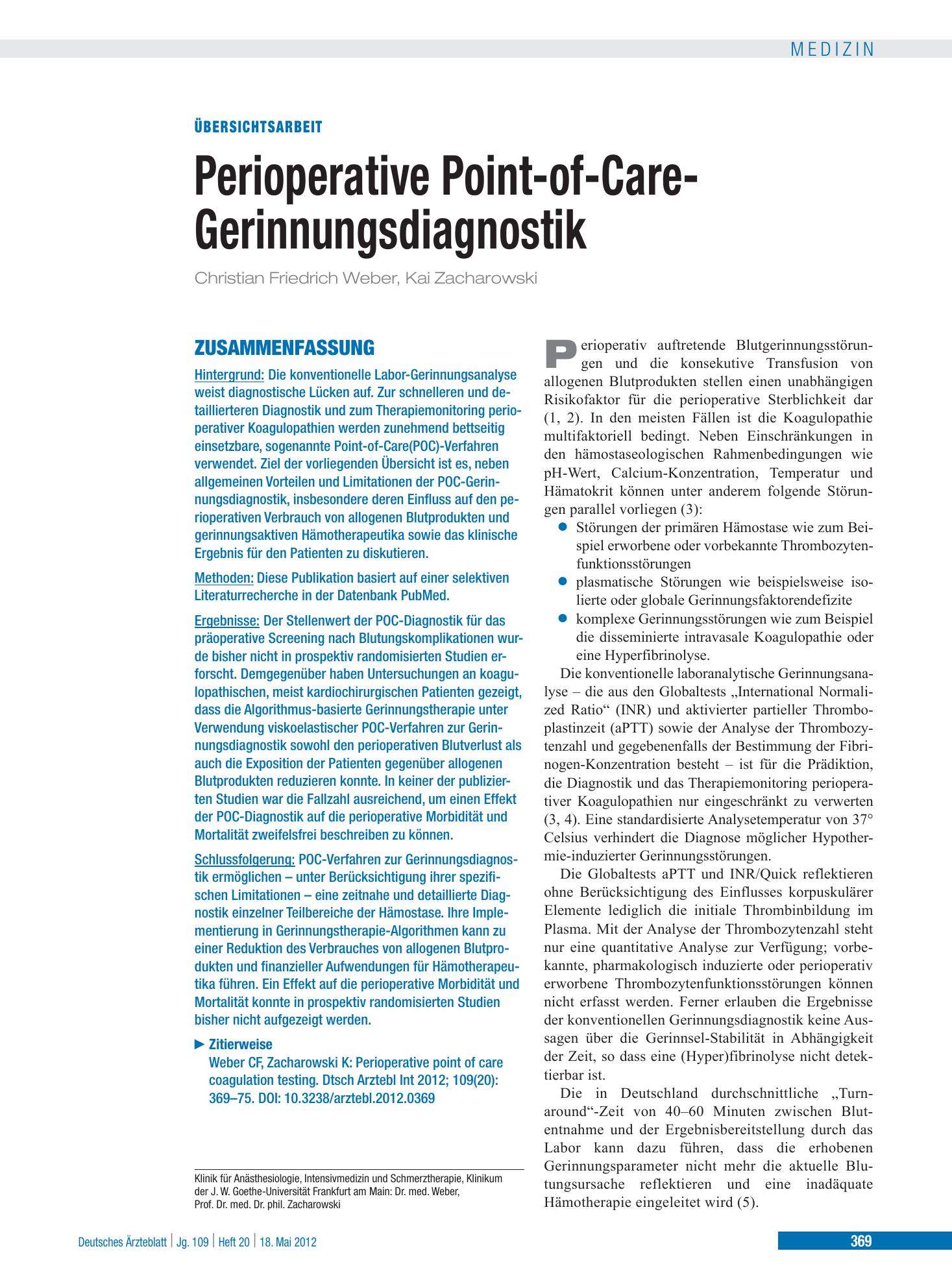 Vorschauseite 1: Perioperative Point-of-Care-Gerinnungsdiagnostik – Deutsches Ärzteblatt