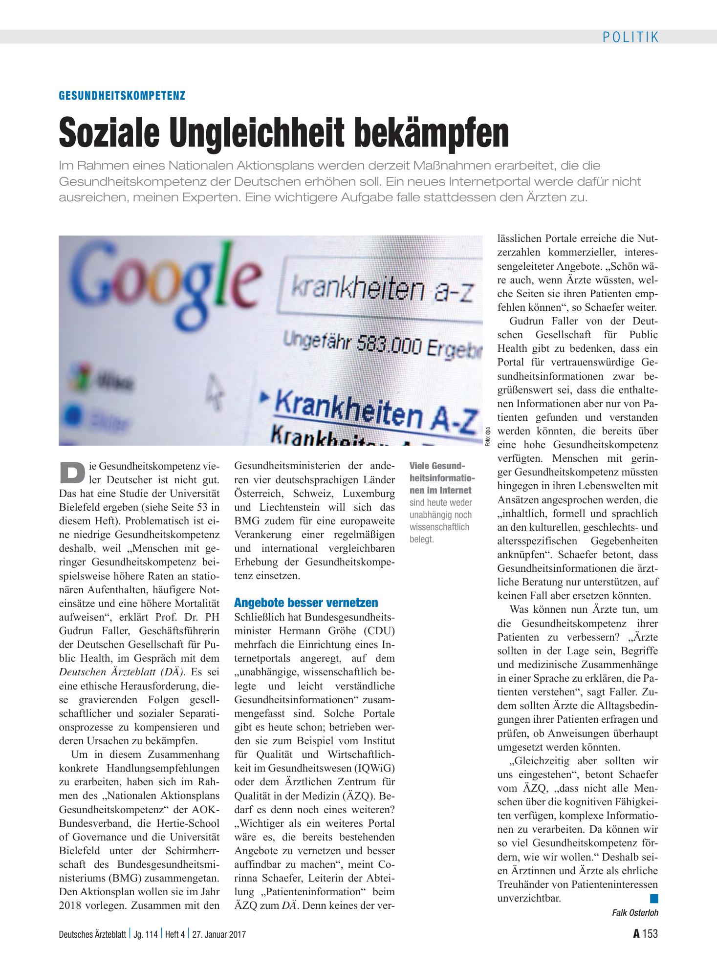 Vorschauseite 1: Gesundheitskompetenz: Soziale Ungleichheit bekämpfen – Deutsches Ärzteblatt