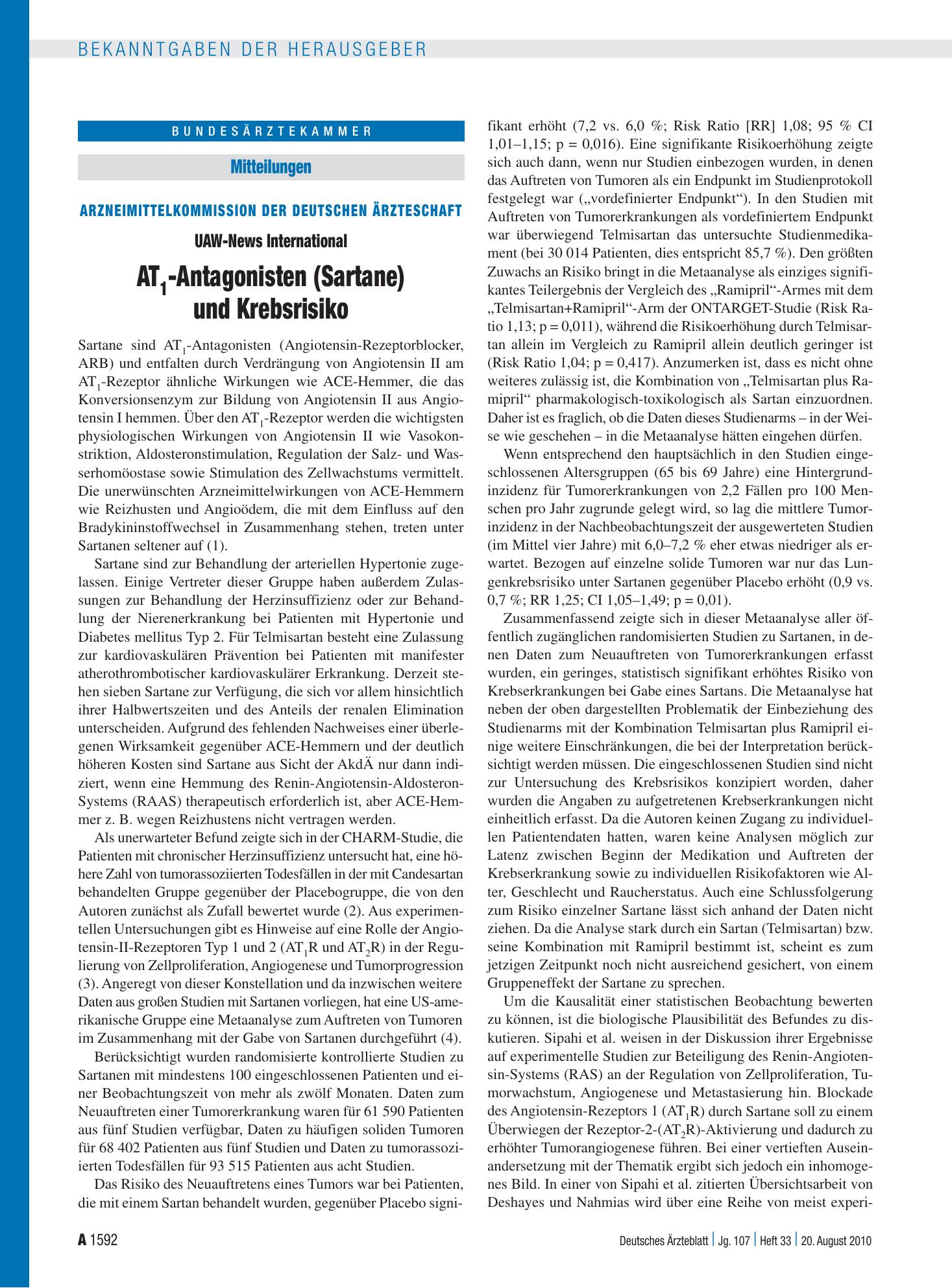 Vorschauseite 1: Arzneimittelkommission der deutschen Ärzteschaft: UAW-News International AT 1 -Antagonisten (Sartane) und Krebsrisiko – Deutsches Ärzteblatt