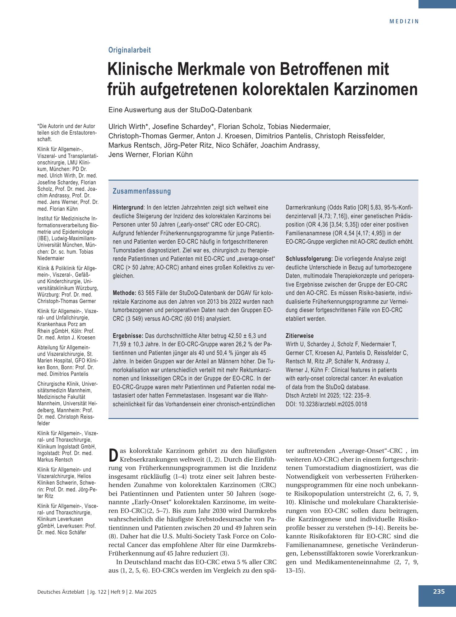 Vorschauseite 1: Klinische Merkmale von Betroffenen mit früh aufgetretenen kolorektalen Karzinomen – Deutsches Ärzteblatt