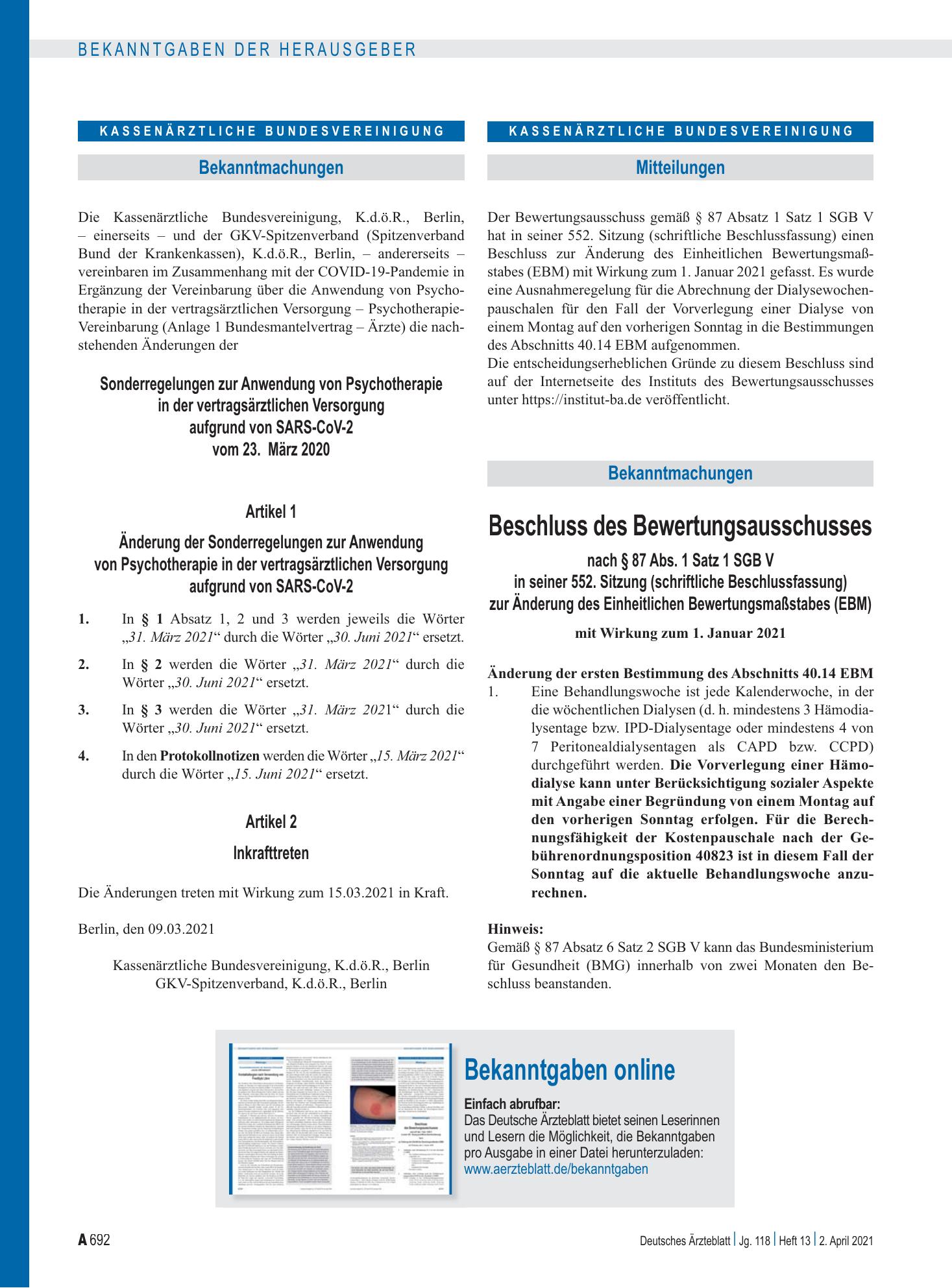 Vorschauseite 1: Beschluss des Bewertungsausschusses nach § 87 Abs. 1 Satz 1 SGB V in seiner 552. Sitzung (schriftliche Beschlussfassung) zur Änderung des Einheitlichen Bewertungsmaßstabes (EBM) –…
