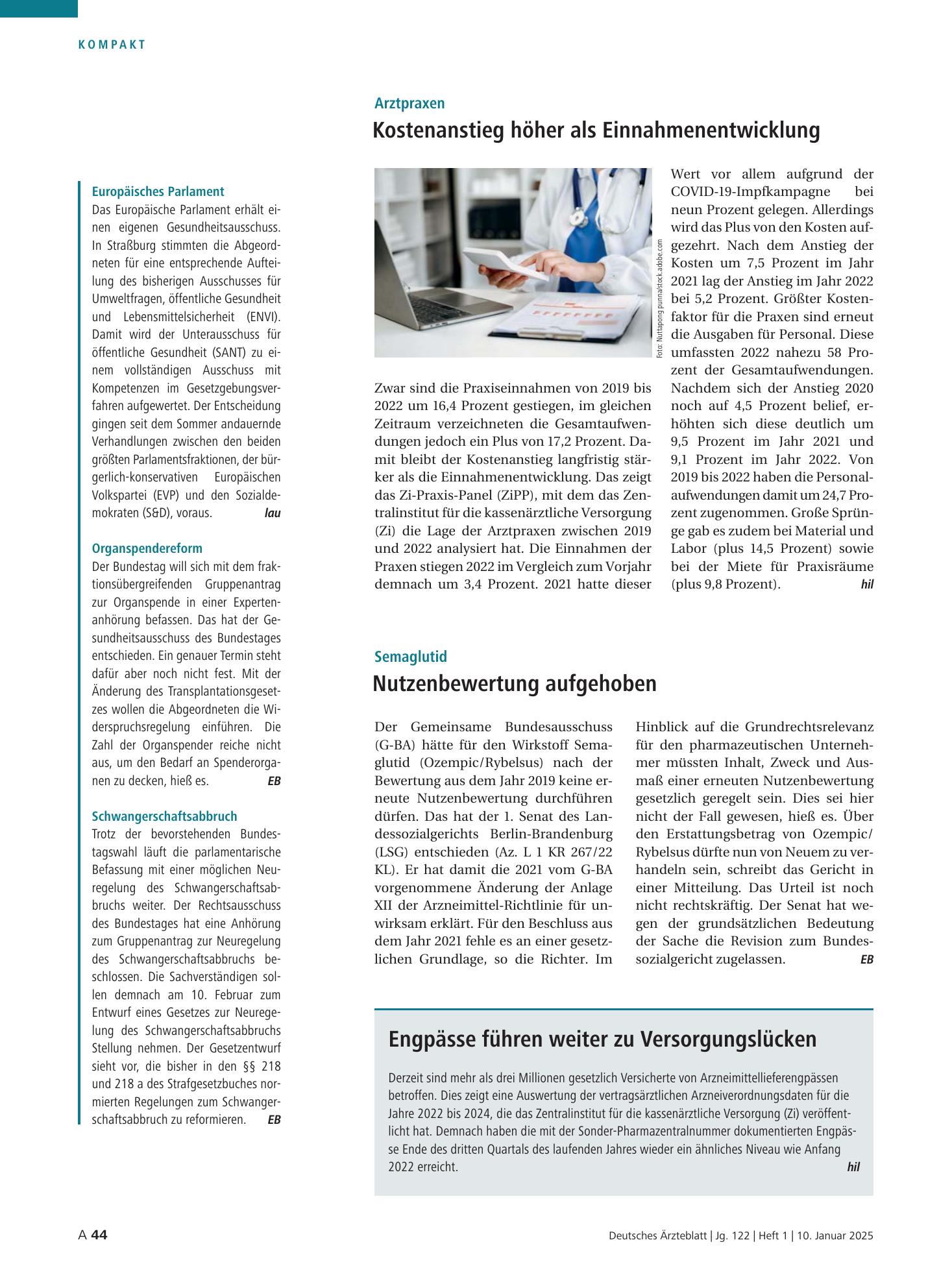 Vorschauseite 1: Arztpraxen: Kostenanstieg höher als Einnahmenentwicklung – Deutsches Ärzteblatt