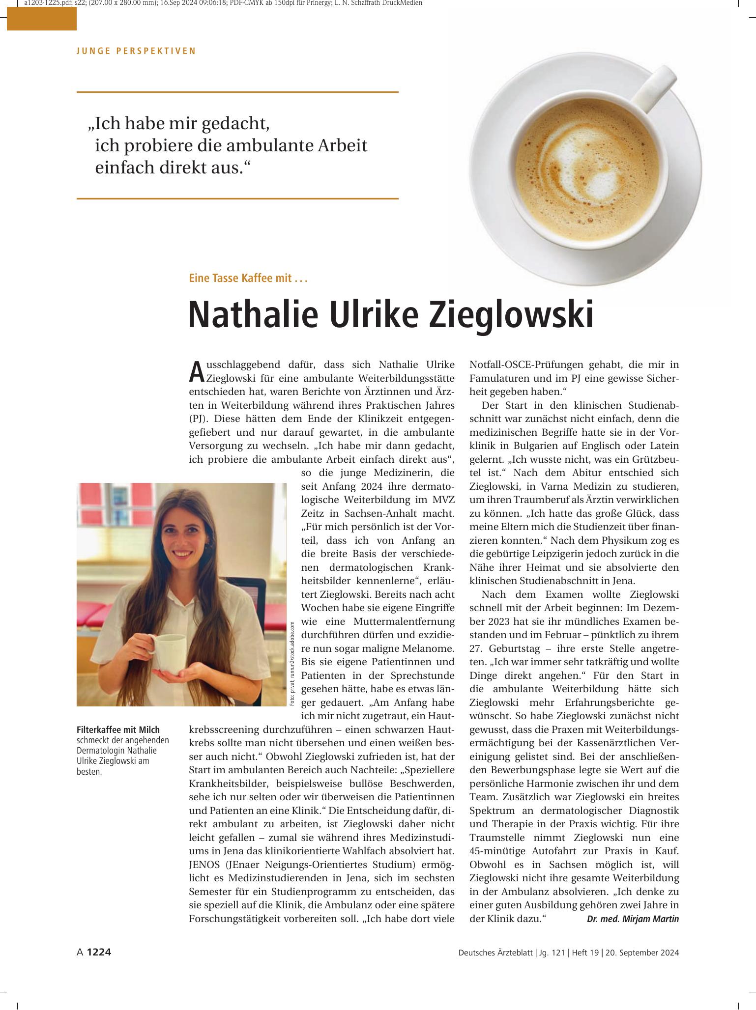 Vorschauseite 1: Eine Tasse Kaffee mit . . . Nathalie Ulrike Zieglowski – Deutsches Ärzteblatt