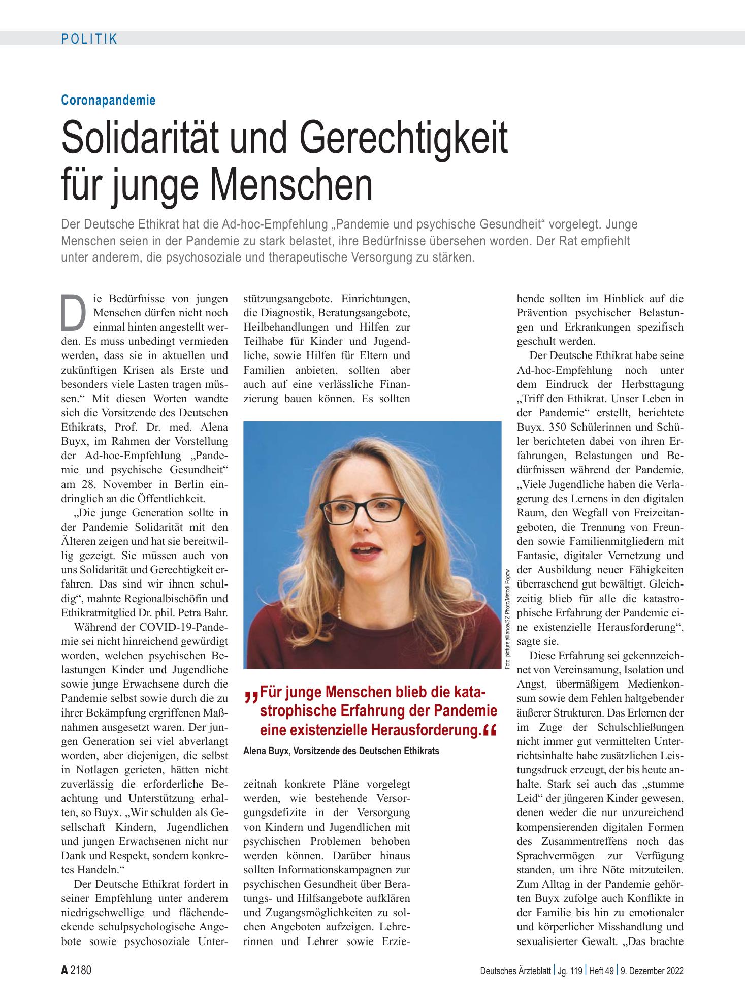 Vorschauseite 1: Coronapandemie: Solidarität und Gerechtigkeit für junge Menschen – Deutsches Ärzteblatt
