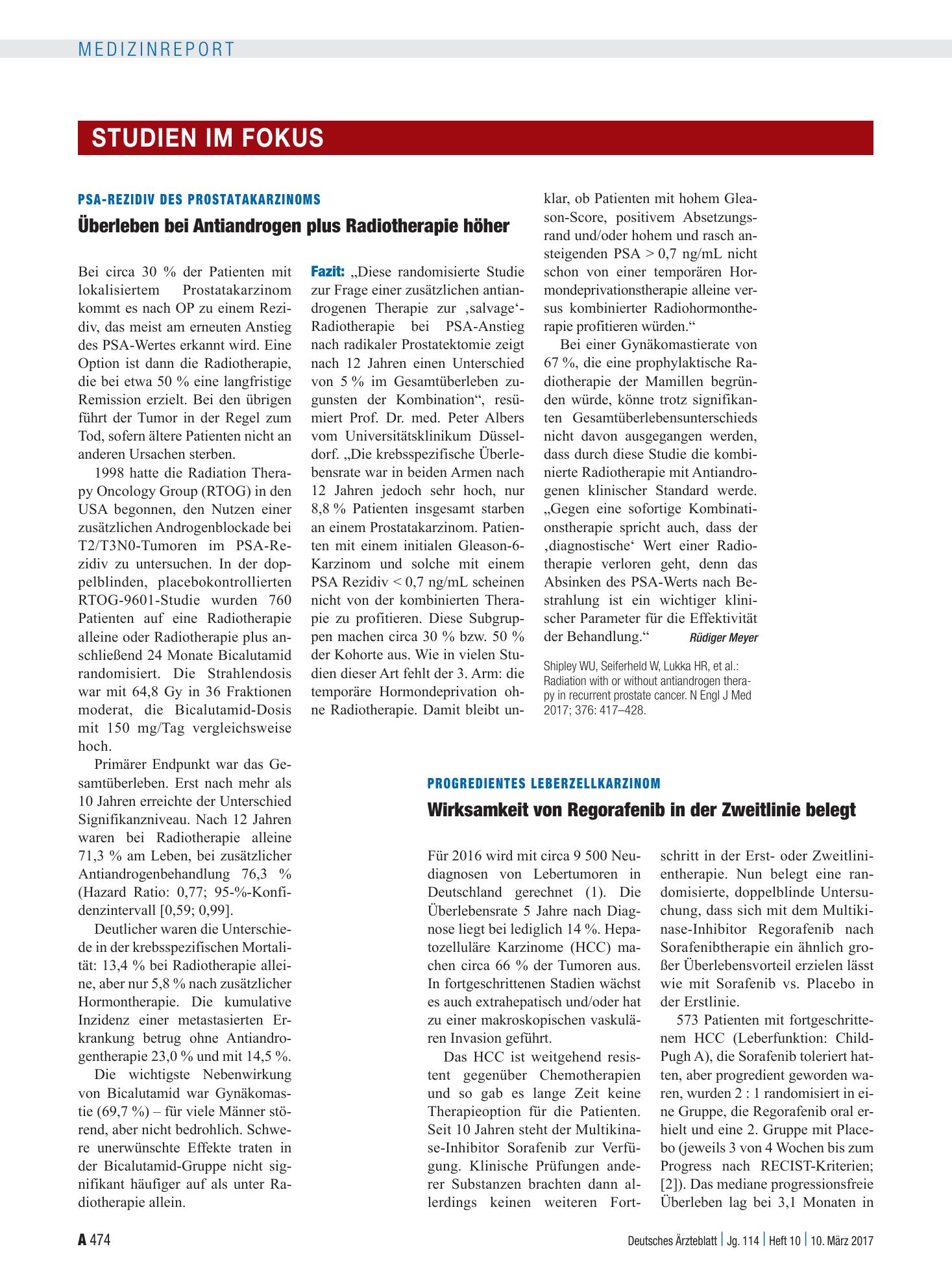 Vorschauseite 1: PSA-Rezidiv des Prostatakarzinoms: Überleben bei Antiandrogen plus Radiotherapie höher – Deutsches Ärzteblatt