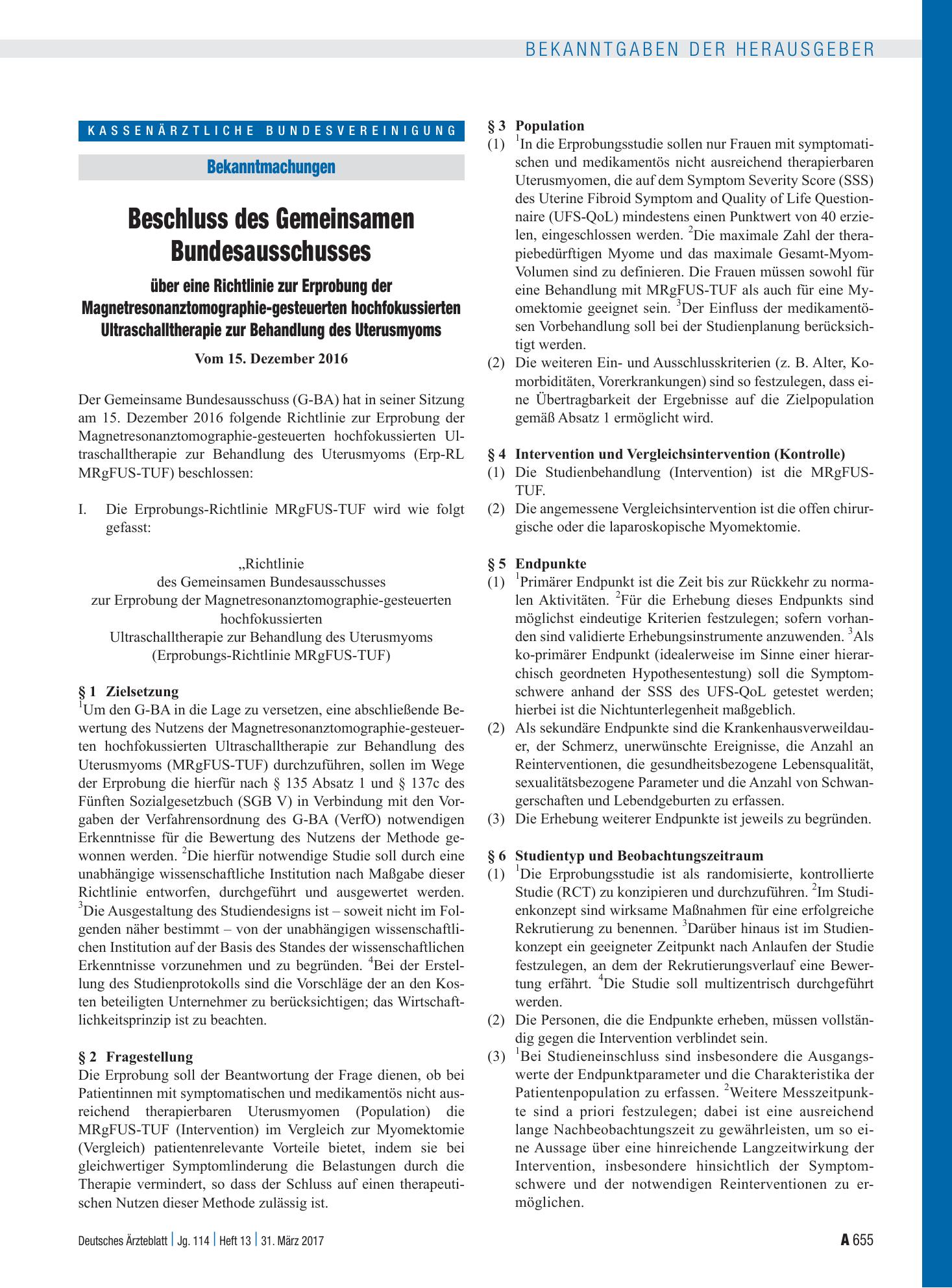 Vorschauseite 1: Beschluss des Gemeinsamen Bundesausschusses über eine Richtlinie zur Erprobung der Magnetresonanztomographie-gesteuerten hochfokussierten Ultraschalltherapie zur Behandlung des Ut…