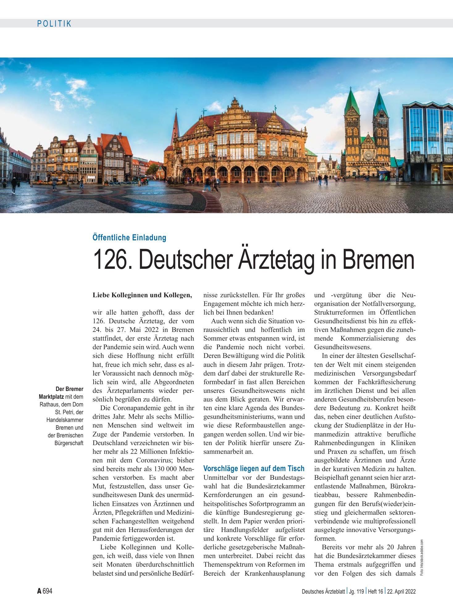 Vorschauseite 1: Öffentliche Einladung: 126. Deutscher Ärztetag in Bremen – Deutsches Ärzteblatt