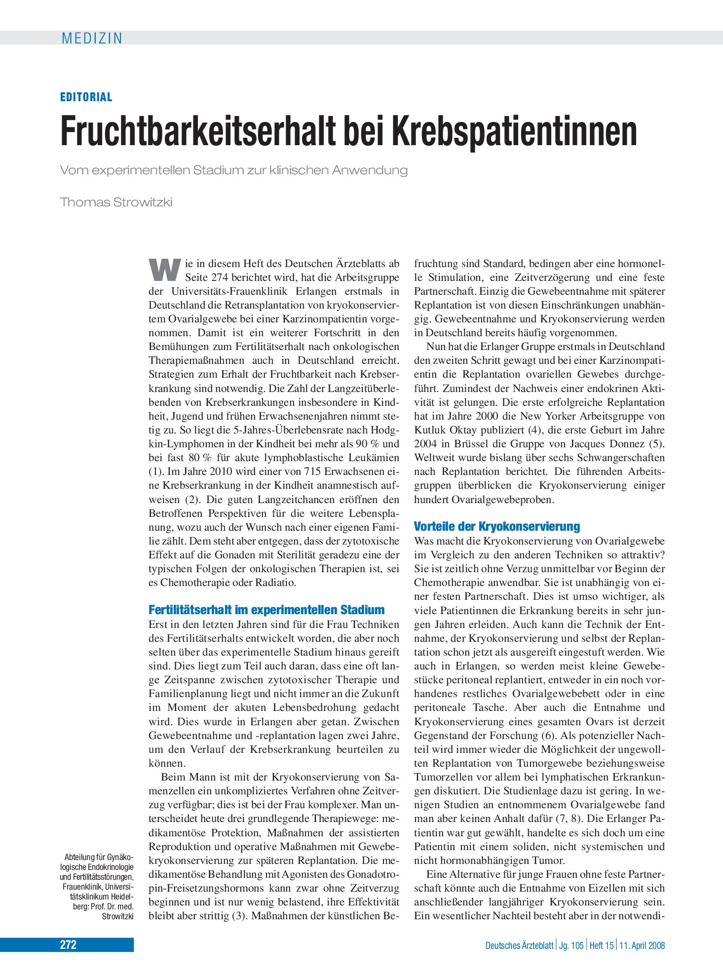 Vorschauseite 1: Fruchtbarkeitserhalt bei Krebspatientinnen – Deutsches Ärzteblatt