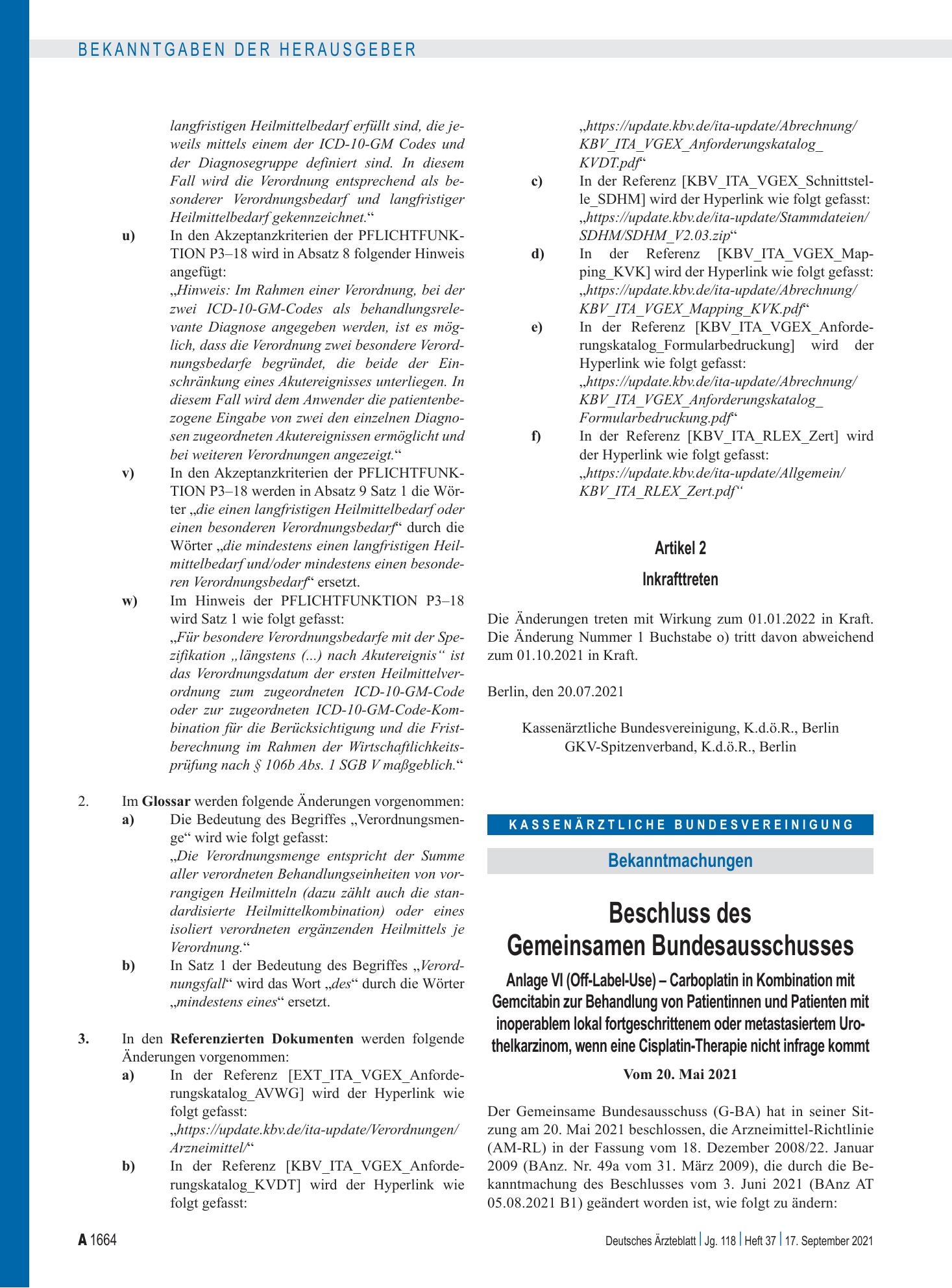 Vorschauseite 1: Beschluss des Gemeinsamen Bundesausschusses: Carboplatin in Kombination mit Gemcitabin – Deutsches Ärzteblatt