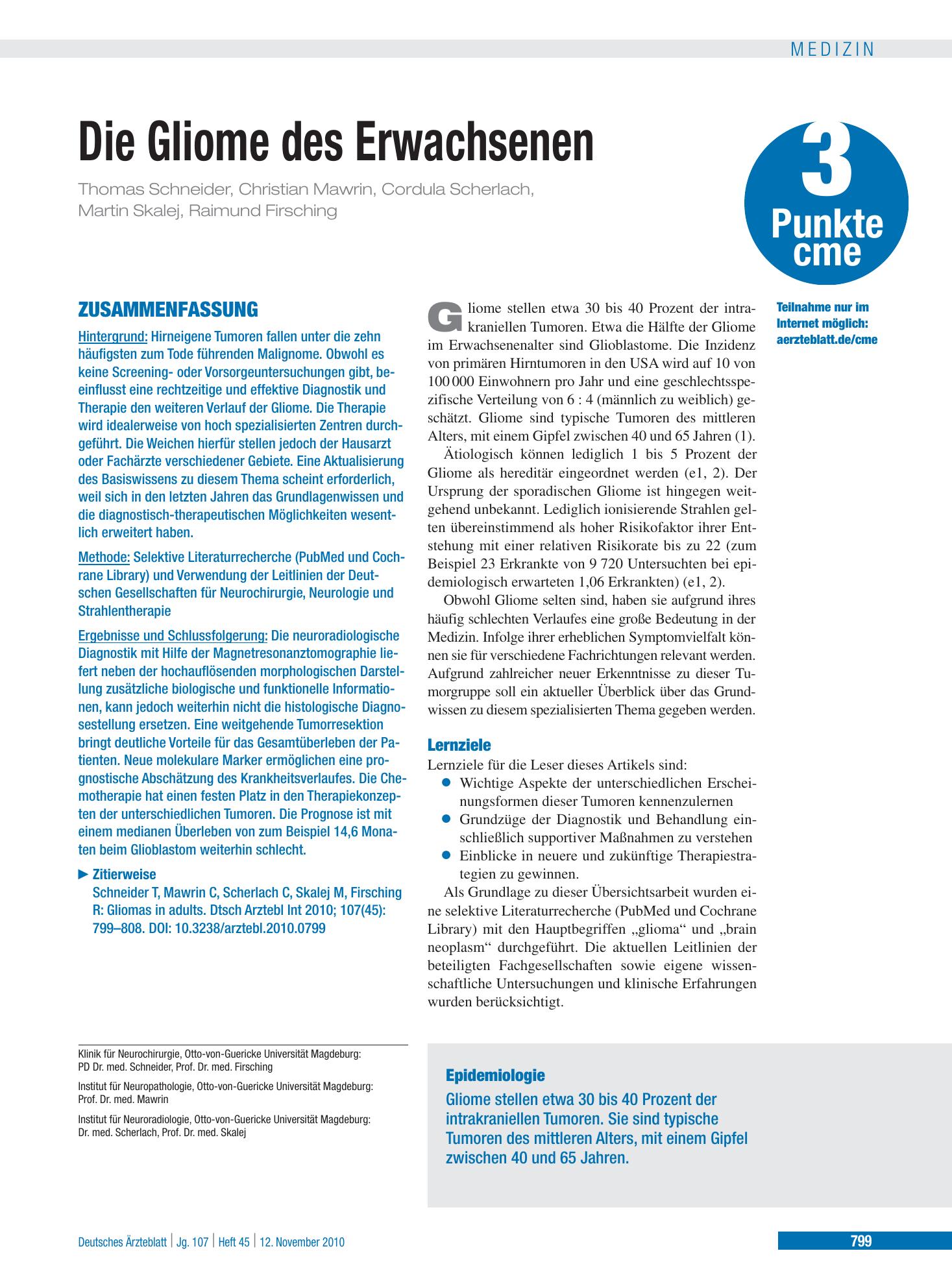 Vorschauseite 1: Die Gliome des Erwachsenen – Deutsches Ärzteblatt