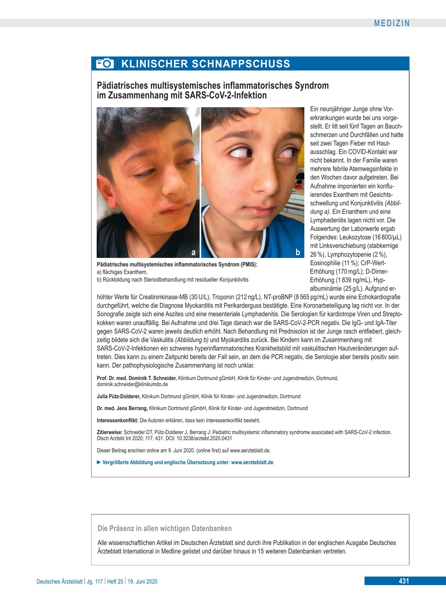 Vorschauseite 1: Pädiatrisches multisystemisches inflammatorisches Syndrom im Zusammenhang mit SARS-CoV-2-Infektion – Deutsches Ärzteblatt
