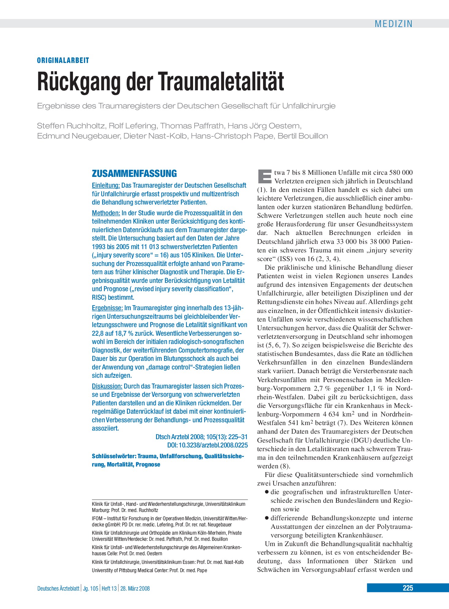 Vorschauseite 1: Rückgang der Traumaletalität – Deutsches Ärzteblatt