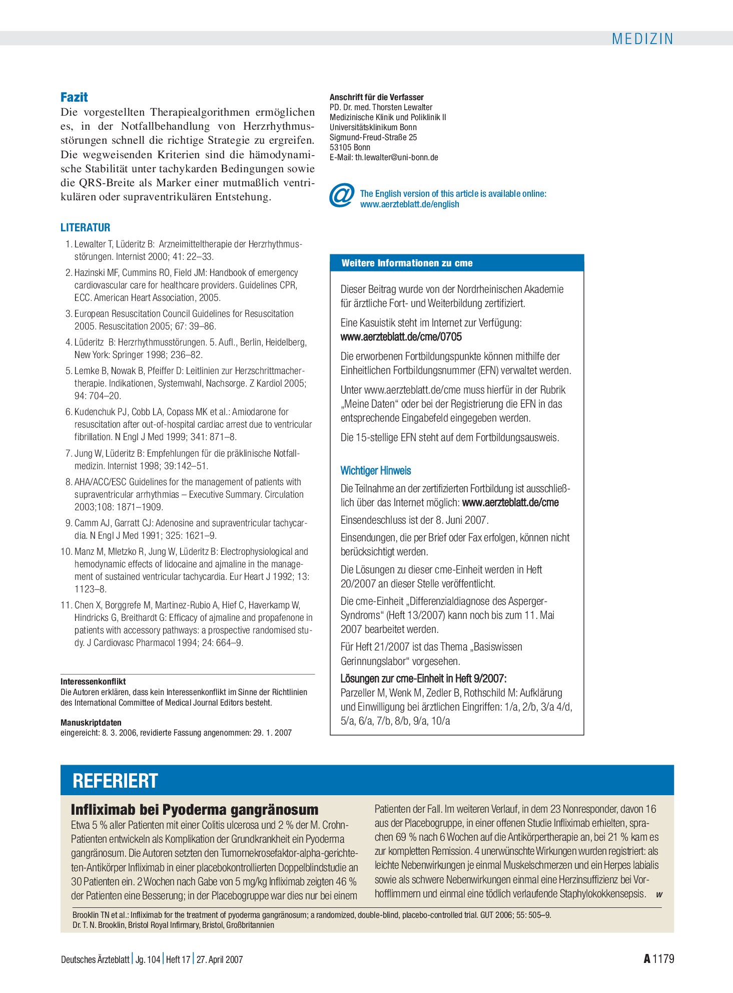 Vorschauseite 1: Infliximab bei Pyoderma gangränosum – Deutsches Ärzteblatt