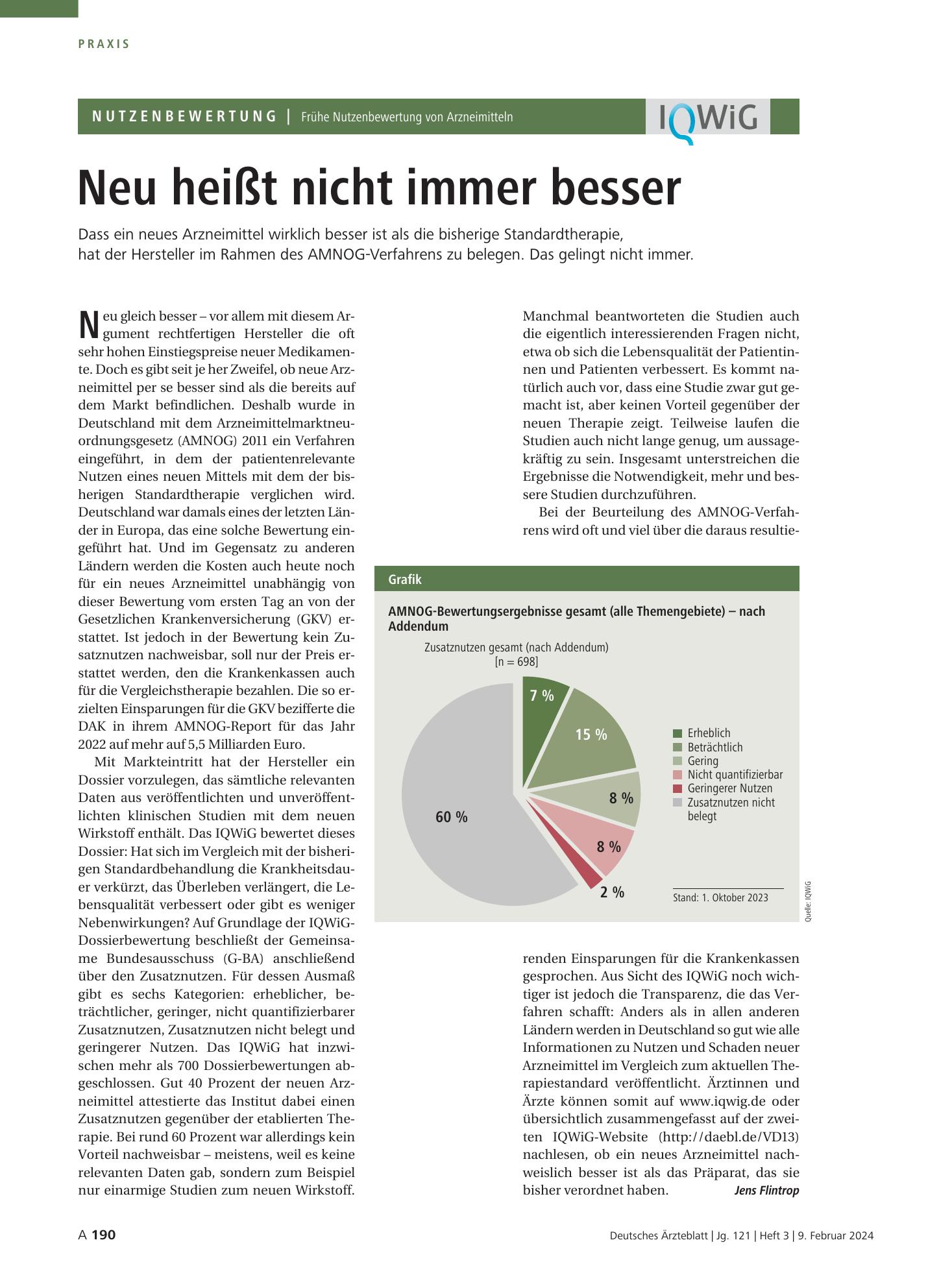 Vorschauseite 1: Frühe Nutzenbewertung von Arzneimitteln: Neu heißt nicht immer besser – Deutsches Ärzteblatt