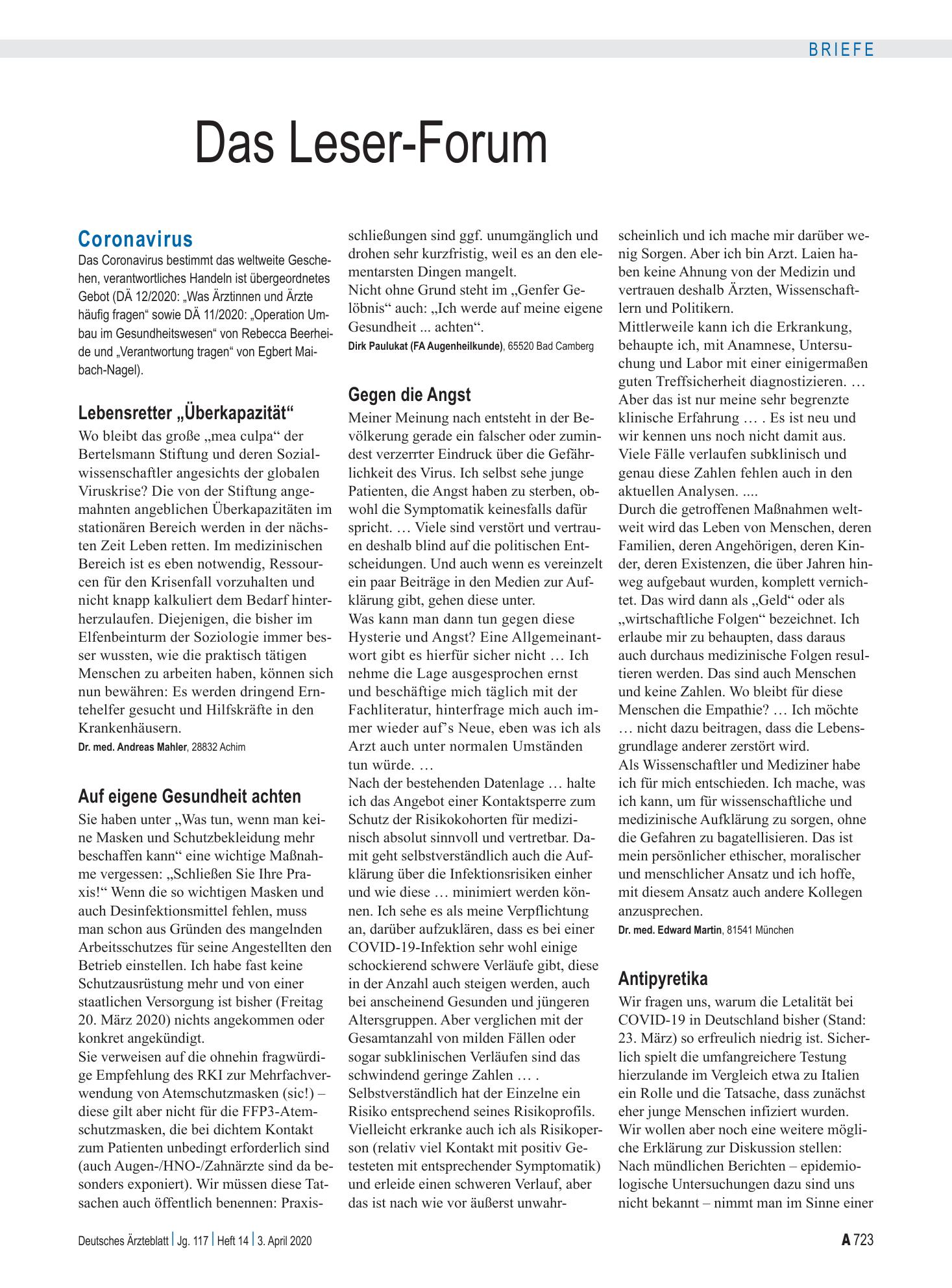 Vorschauseite 1: Coronavirus: Antipyretika – Deutsches Ärzteblatt