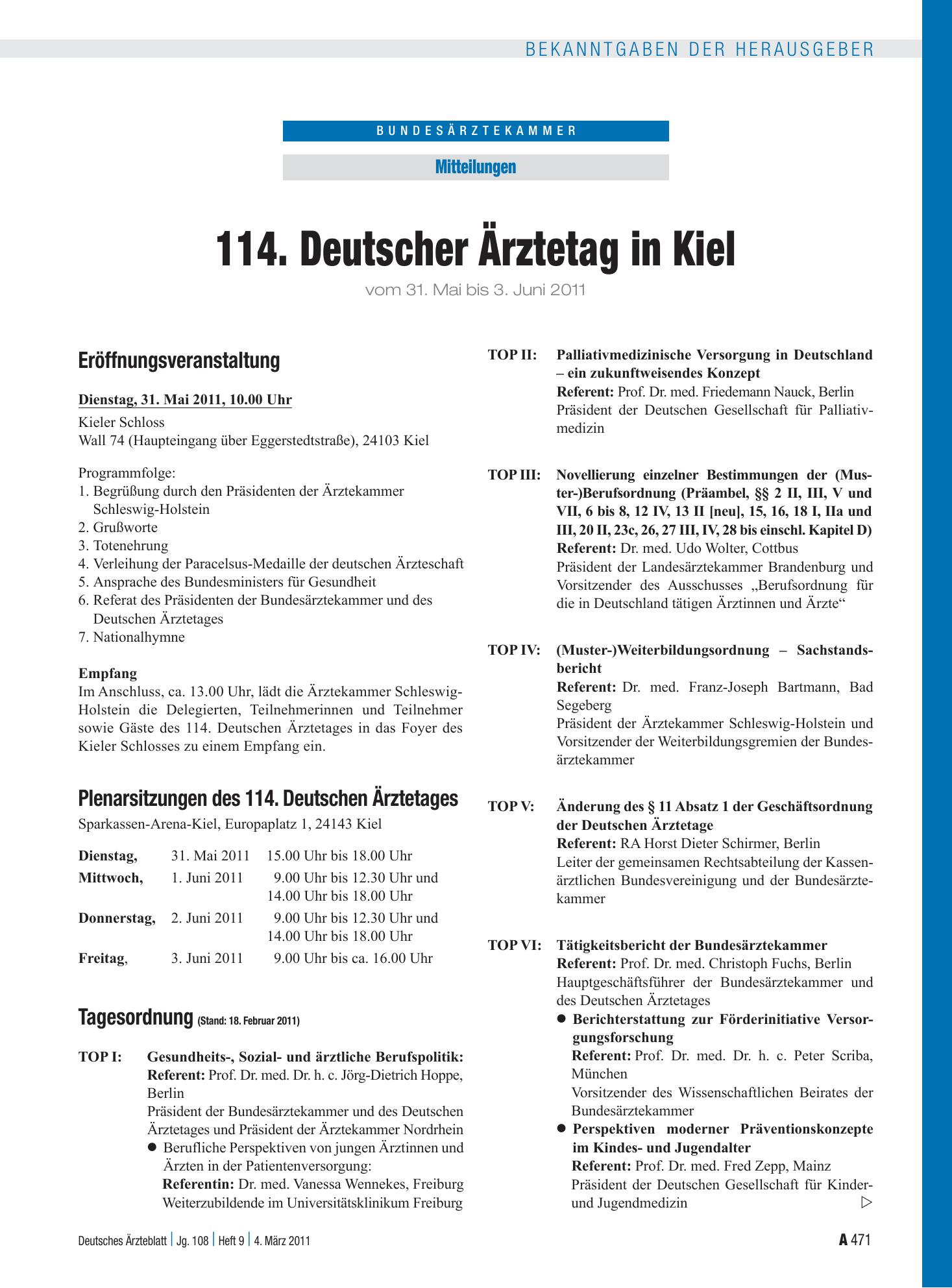 Vorschauseite 1: 114. Deutscher Ärztetag in Kiel – Deutsches Ärzteblatt