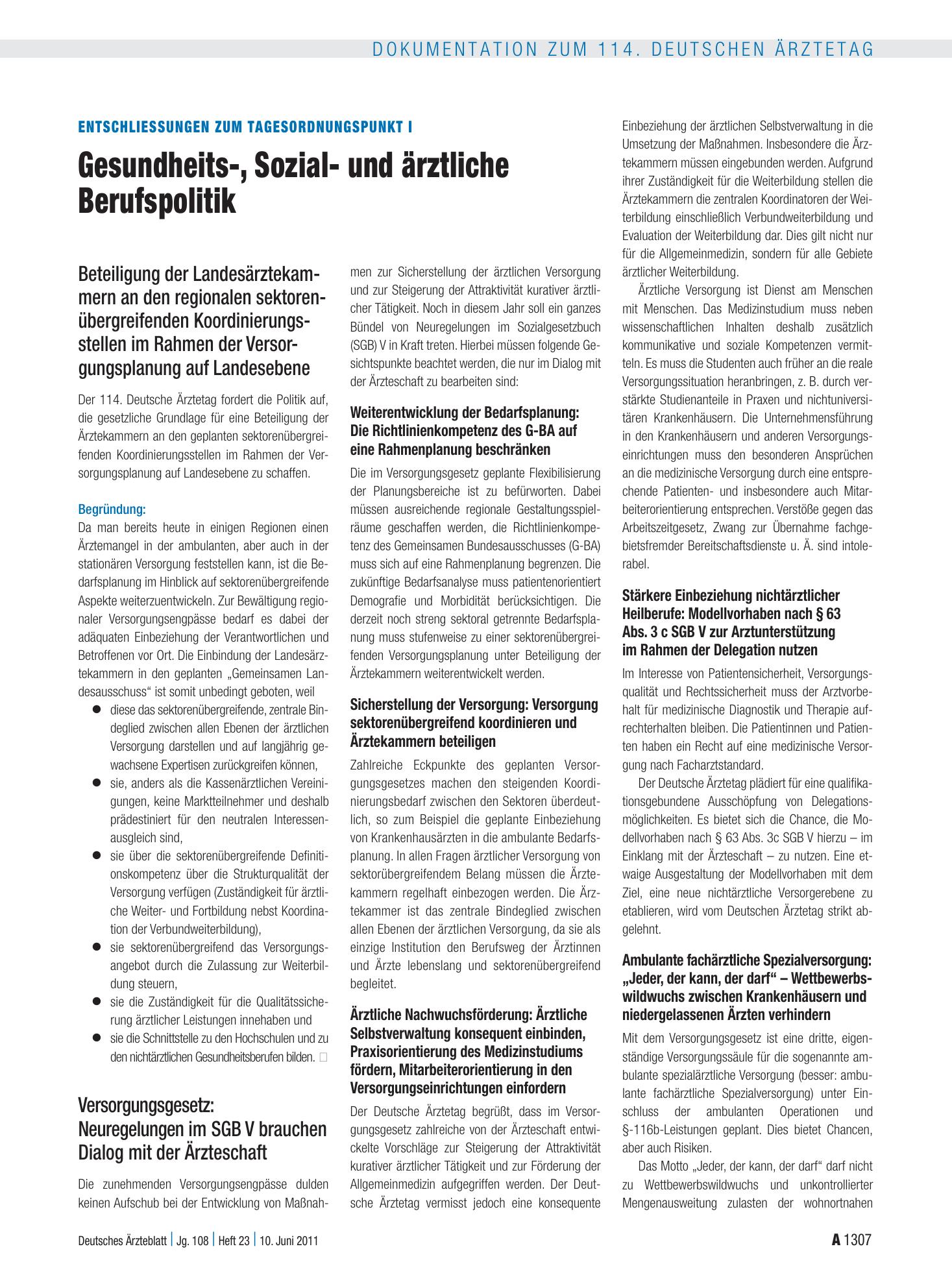 Vorschauseite 1: Entschliessungen zum Tagesordnungspunkt I: Gesundheits-, Sozial- und ärztliche Berufspolitik – Deutsches Ärzteblatt