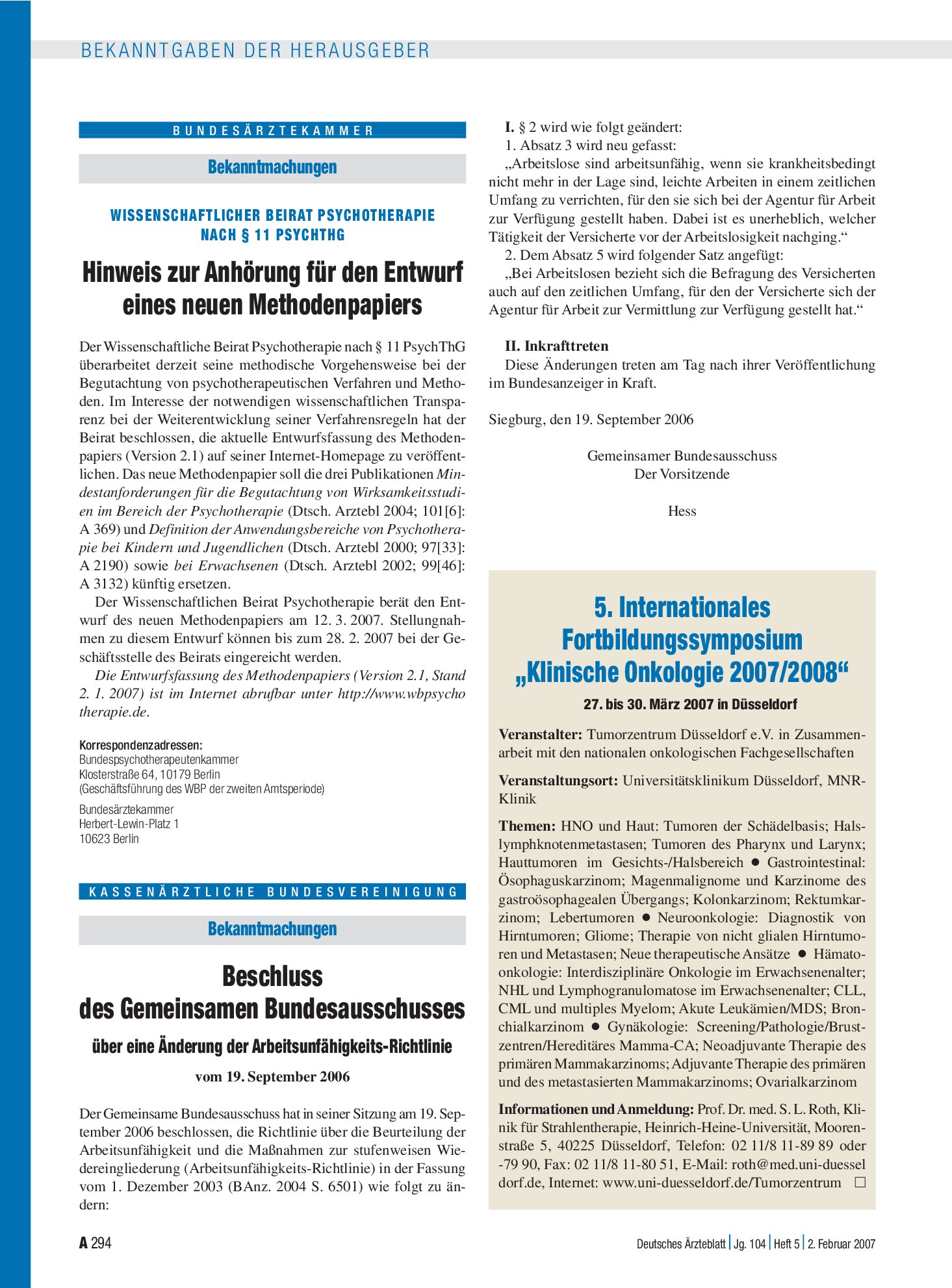 Vorschauseite 1: Bekanntmachungen: Wissenschaftlicher Beirat Psychotherapie nach § 11 PsychThG – Hinweis zur Anhörung für den Entwurf eines neuen Methodenpapiers – Deutsches Ärzteblatt