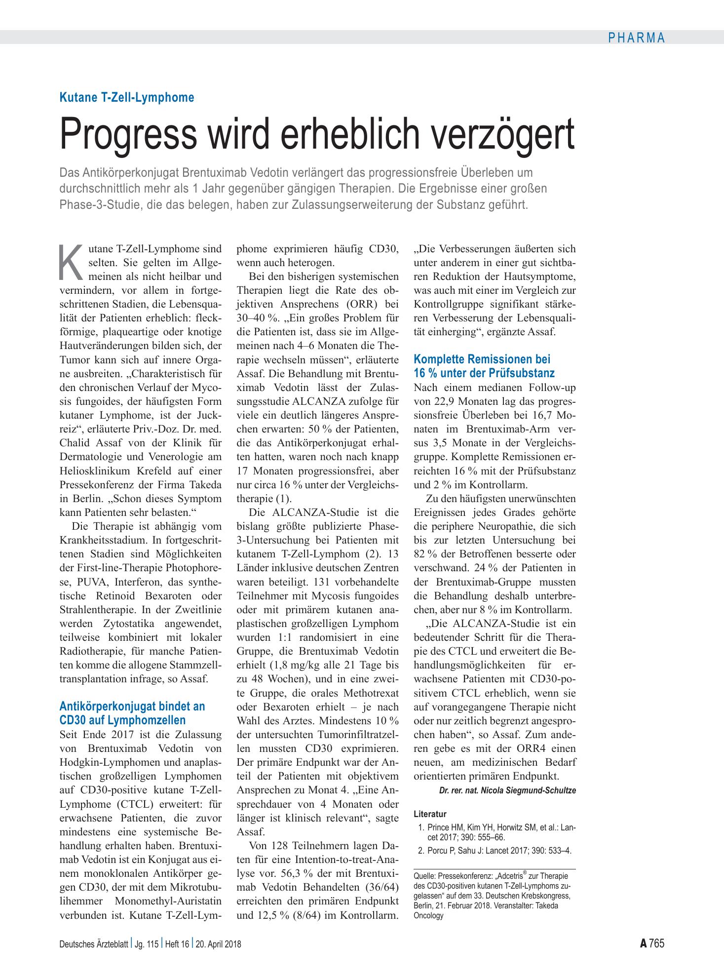 Vorschauseite 1: Kutane T-Zell-Lymphome: Progress wird erheblich verzögert – Deutsches Ärzteblatt
