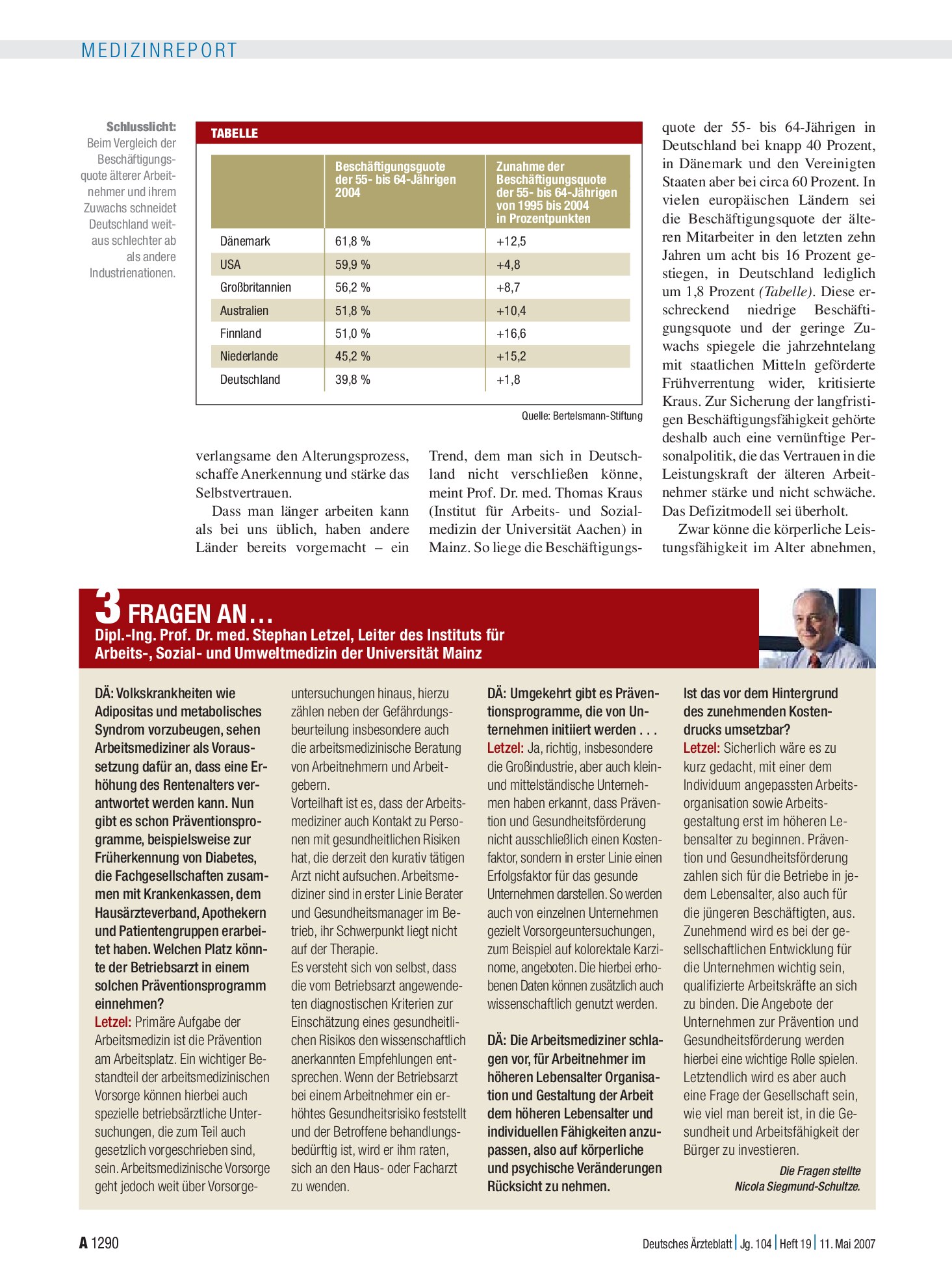 Vorschauseite 1: 3 Fragen an… Dipl.-Ing. Prof. Dr. med. Stephan Letzel, Leiter des Instituts für Arbeits-, Sozial- und Umweltmedizin der Universität Mainz – Deutsches Ärzteblatt