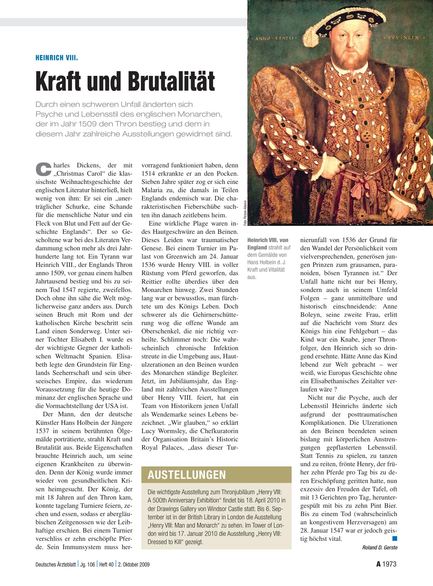 Vorschauseite 1: Heinrich VIII.: Kraft und Brutalität – Deutsches Ärzteblatt