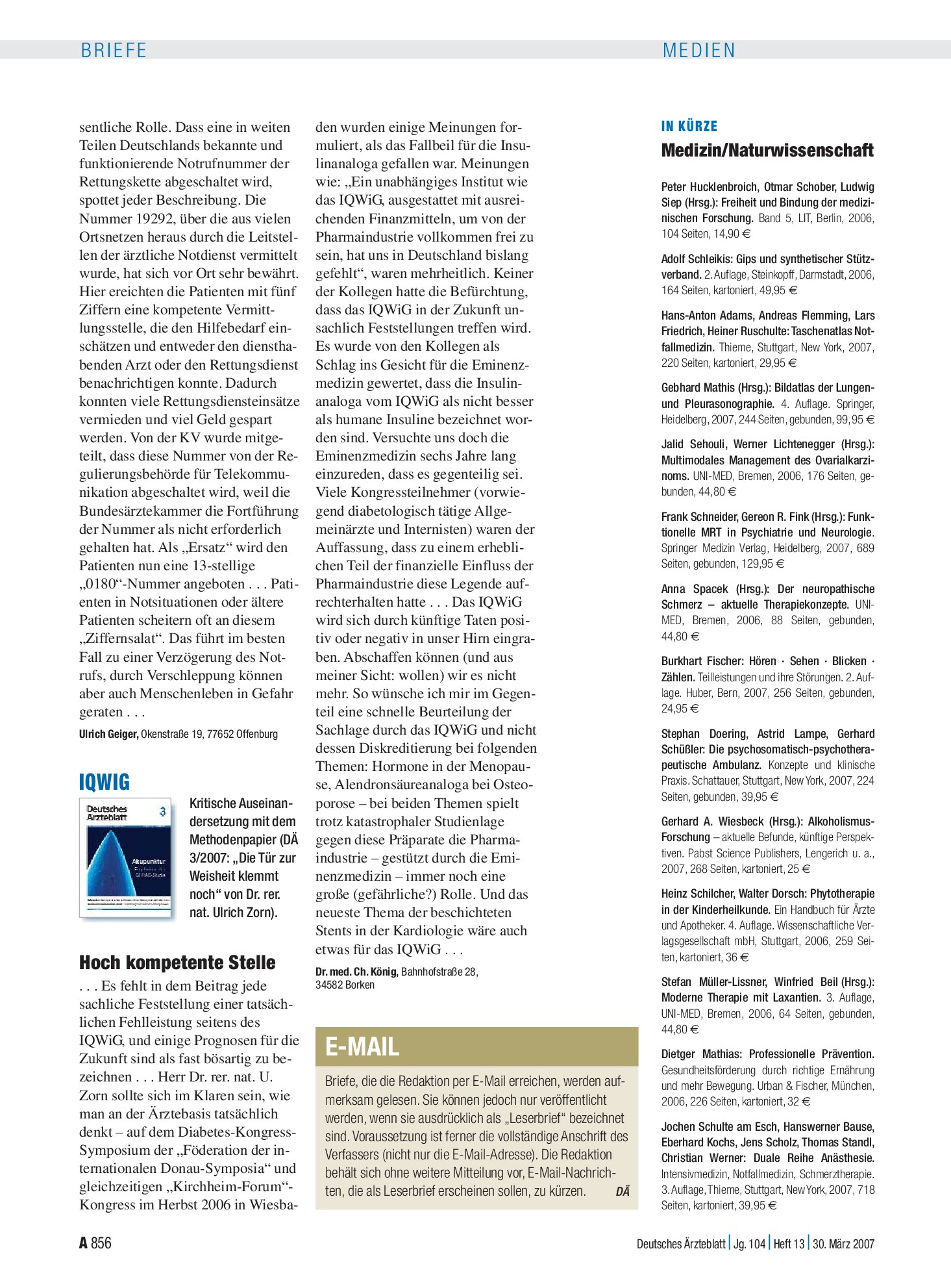 Vorschauseite 1: In Kürze: Medizin/Naturwissenschaft – Deutsches Ärzteblatt