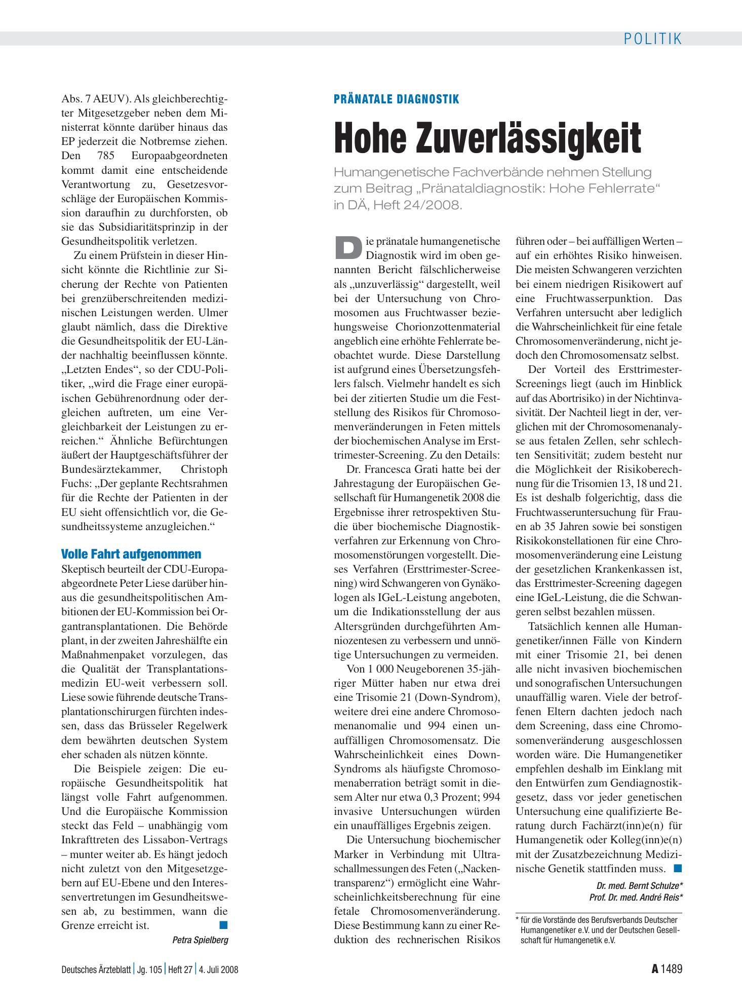 Vorschauseite 1: Pränatale Diagnostik: Hohe Zuverlässigkeit – Deutsches Ärzteblatt