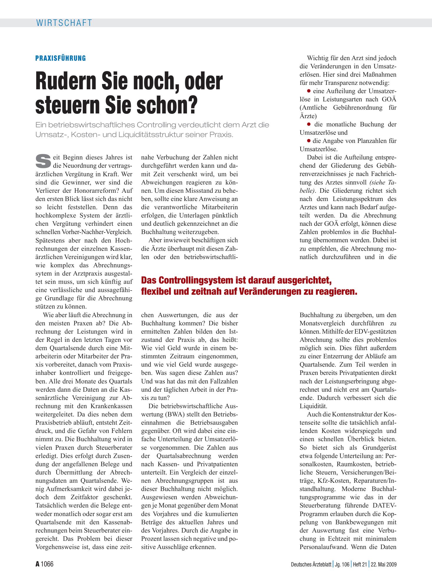 Vorschauseite 1: Praxisführung: Rudern Sie noch, oder steuern Sie schon? – Deutsches Ärzteblatt