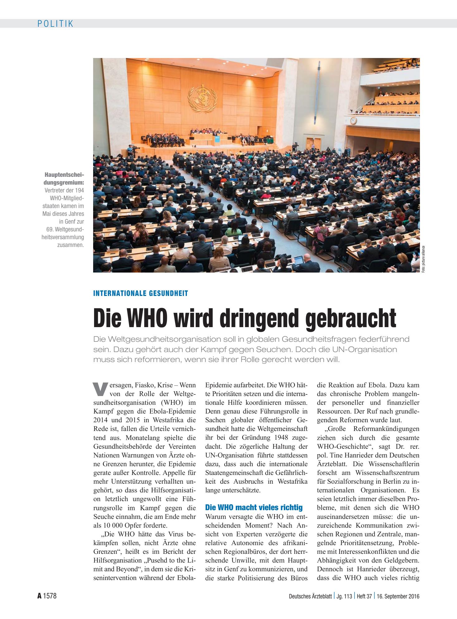 Vorschauseite 1: Internationale Gesundheit: Die WHO wird dringend gebraucht – Deutsches Ärzteblatt