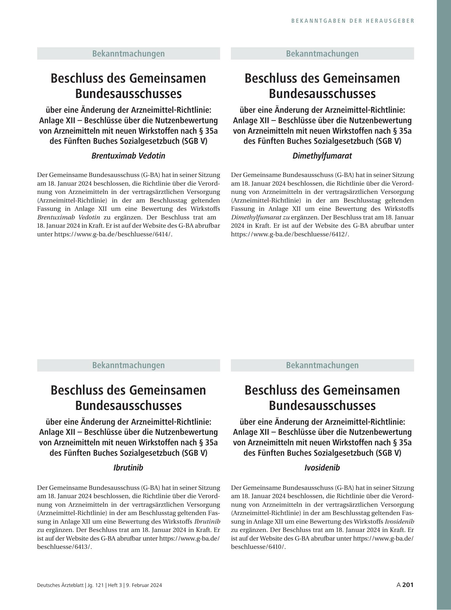 Vorschauseite 1: Beschluss des Gemeinsamen Bundesausschusses über eine Änderung der Arzneimittel-Richtlinie: Anlage XII – Dimethylfumarat – Deutsches Ärzteblatt